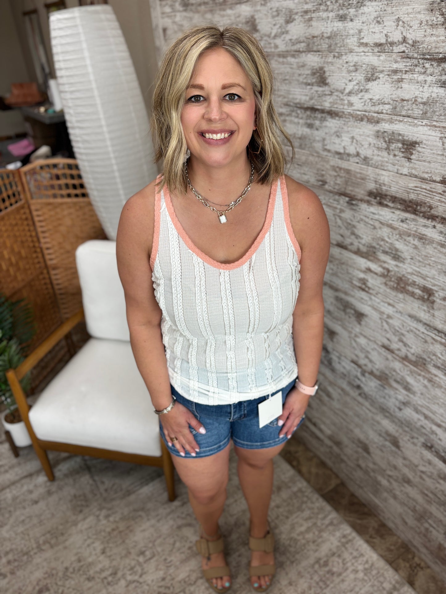 White Ruffle Tank with Peach Trim