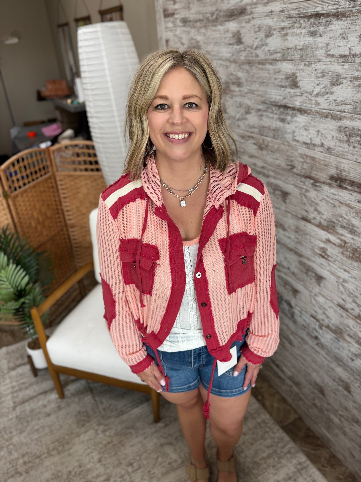 Red Multi Woven Button Down With Hood