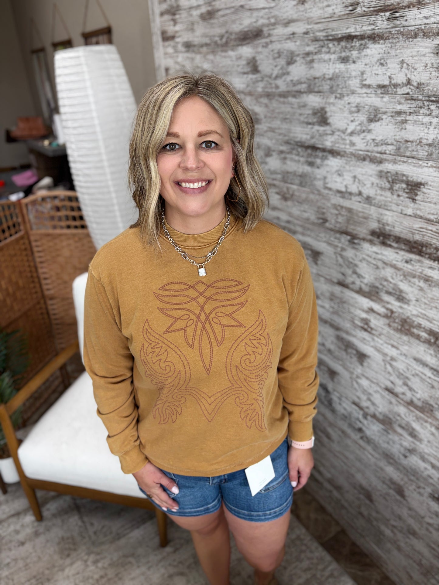 Mineral Mustard Western Embroidered Crew Neck