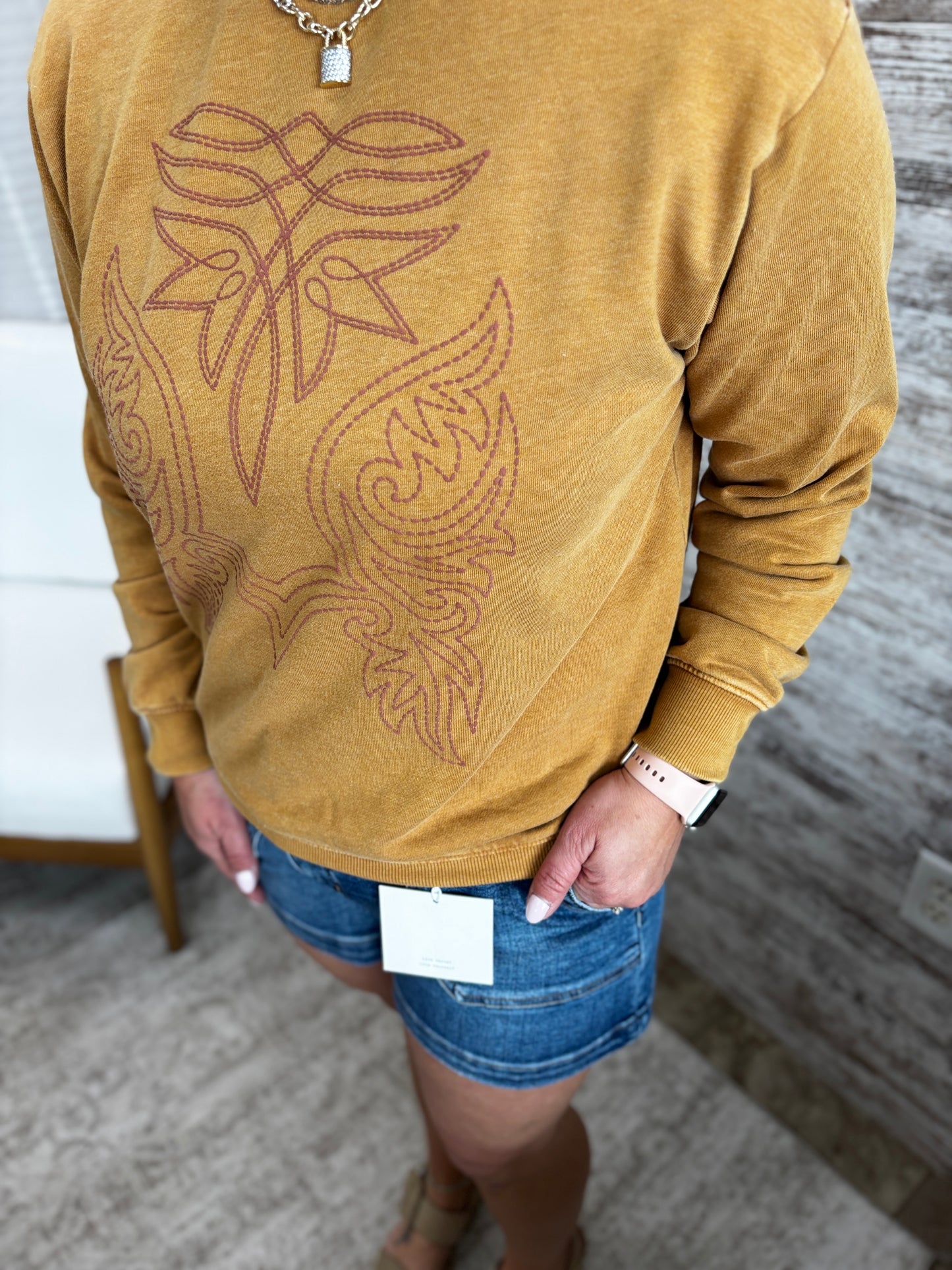 Mineral Mustard Western Embroidered Crew Neck