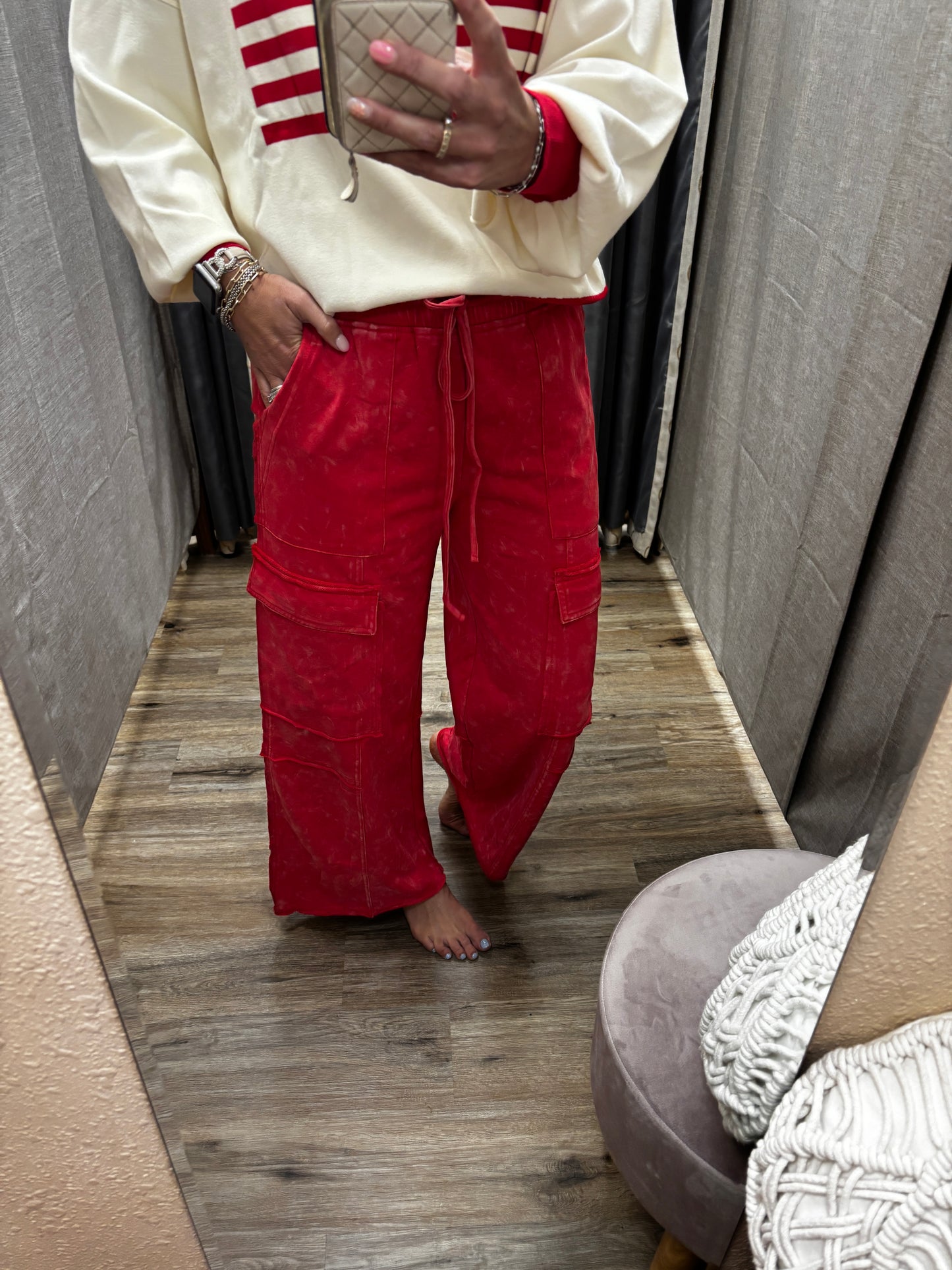 Red Mineral Wash Cargo Pants
