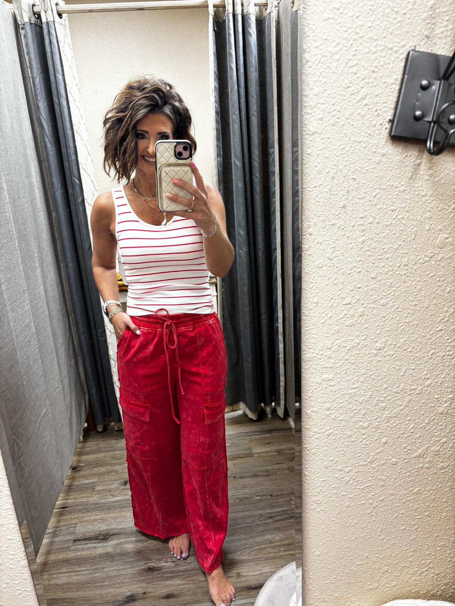 Red Striped Ribbed Tank with Built in Bra