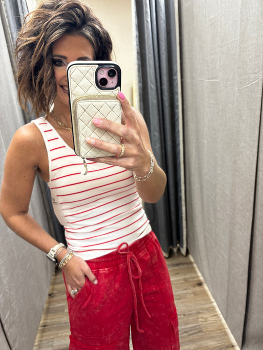 Red Striped Ribbed Tank with Built in Bra