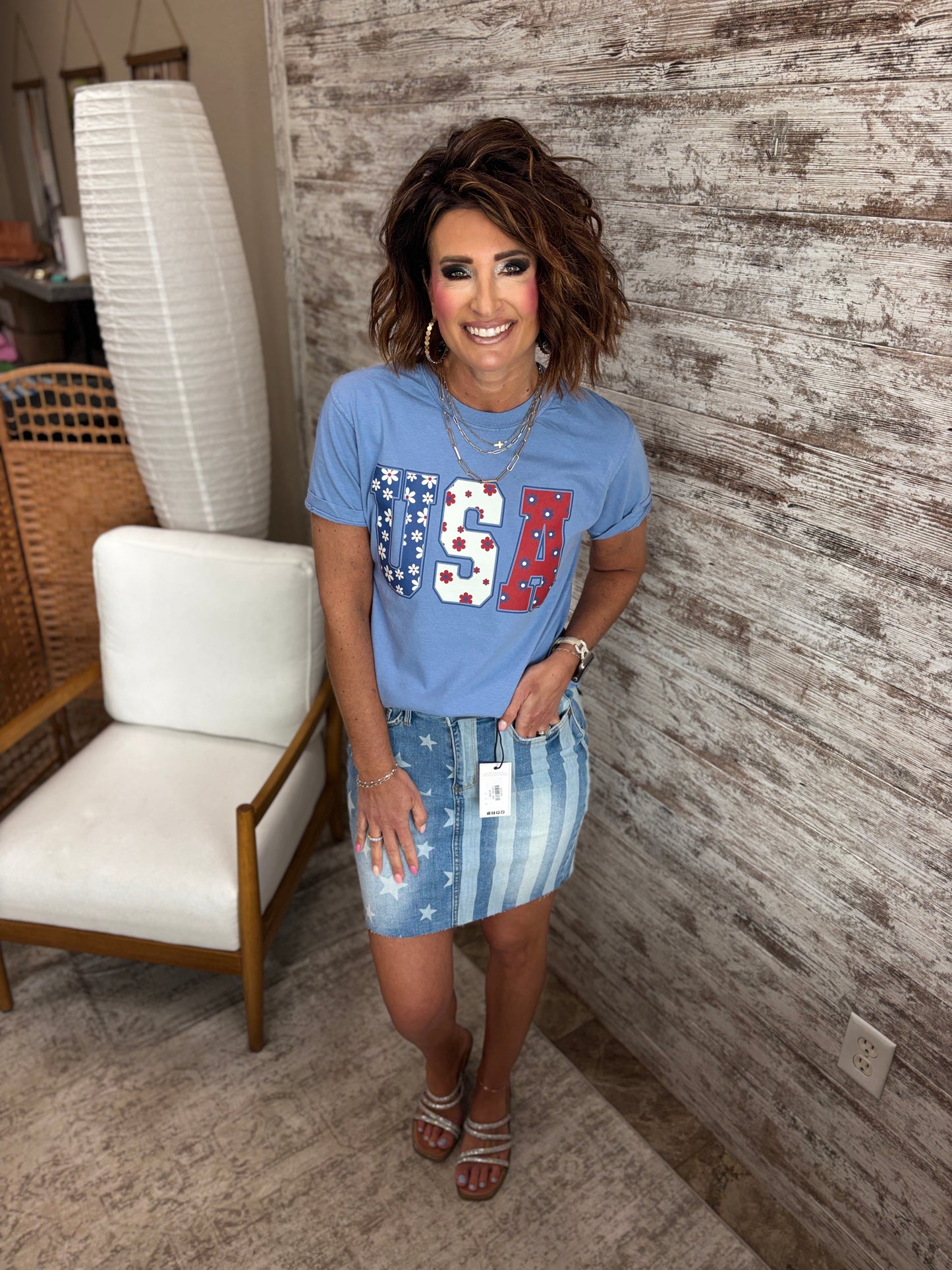 USA Floral Print Denim Comfort Colors Tee