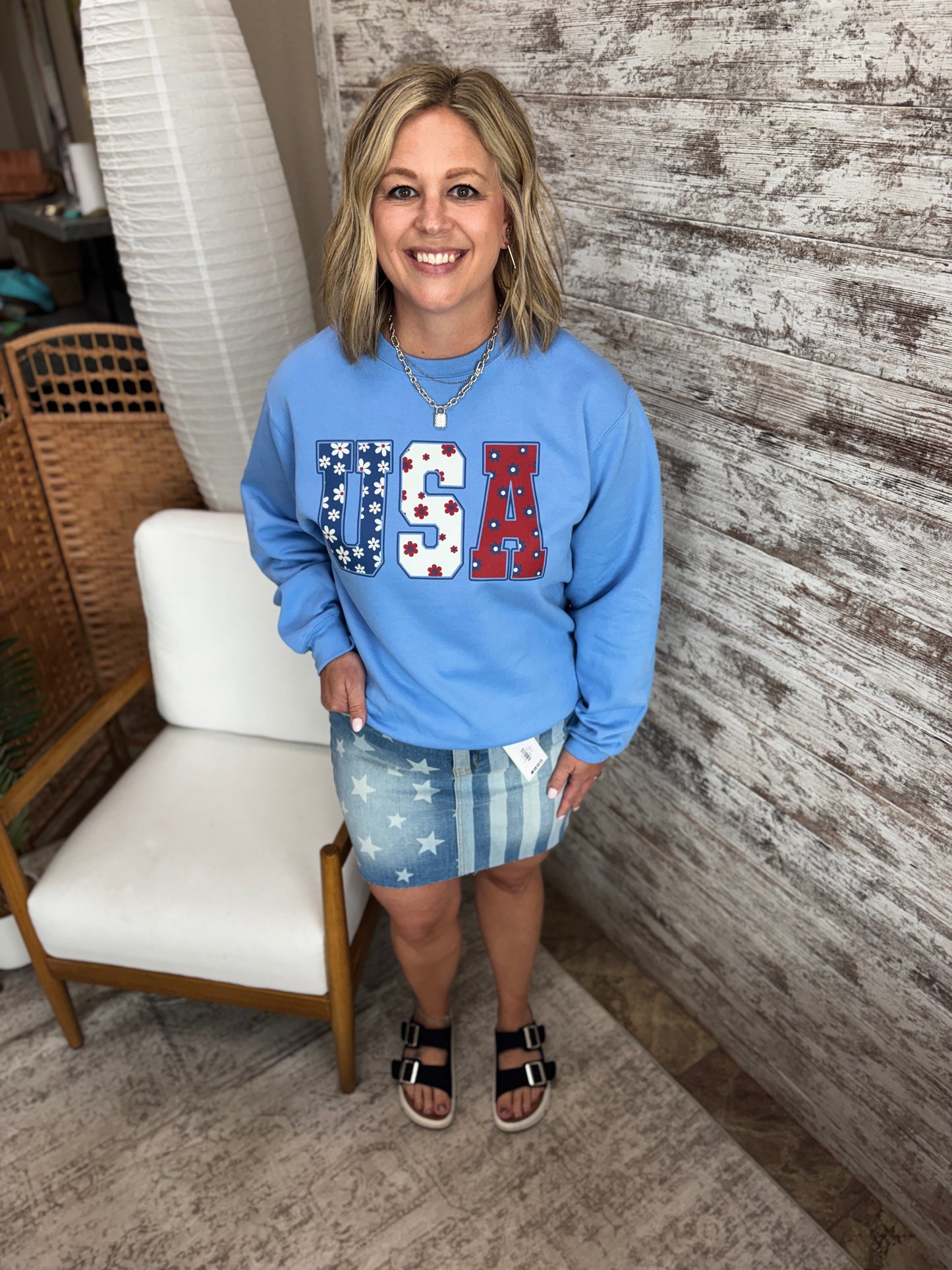 USA Floral Print Carolina Blue Gildan Crew