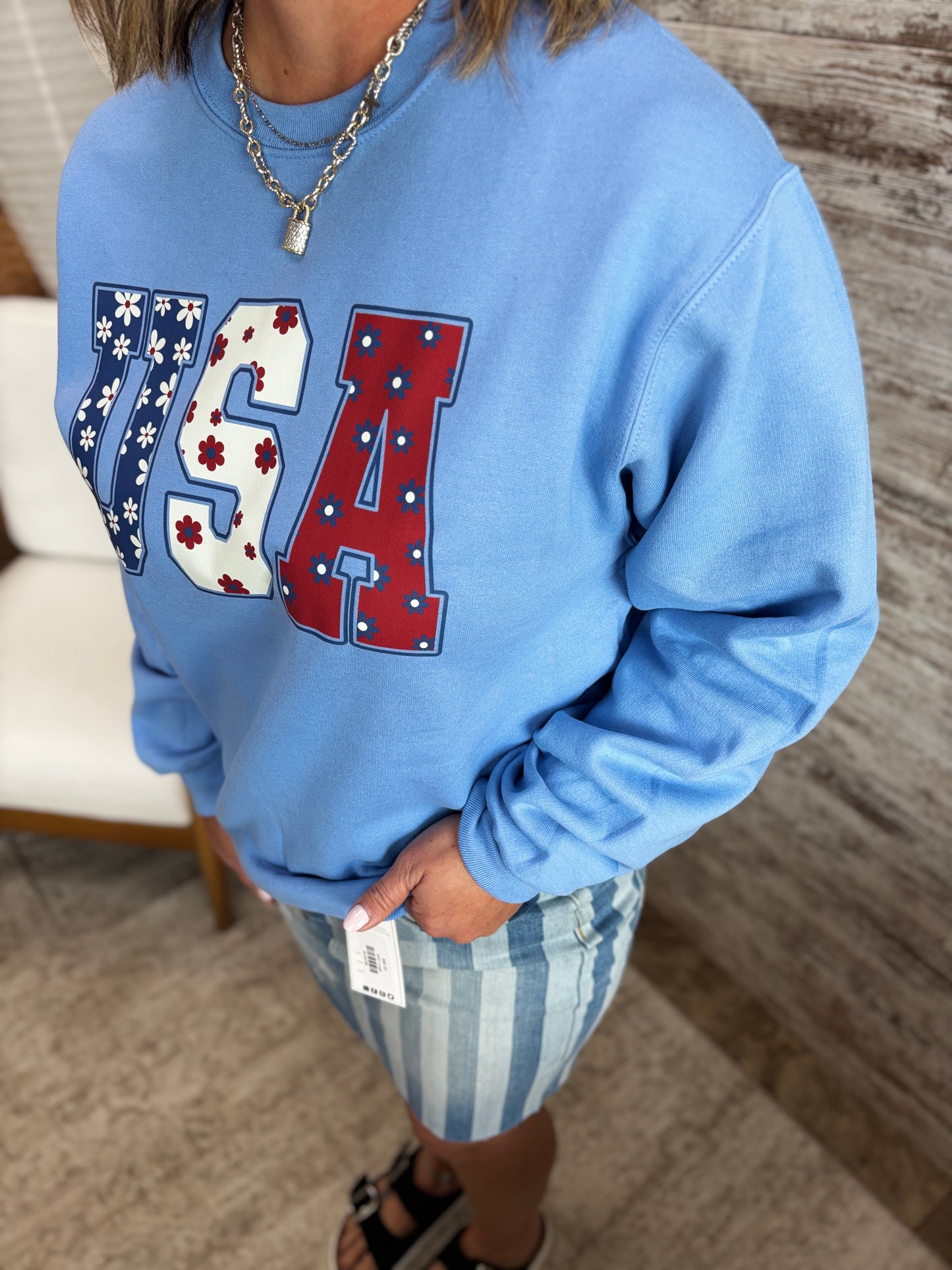 USA Floral Print Carolina Blue Gildan Crew