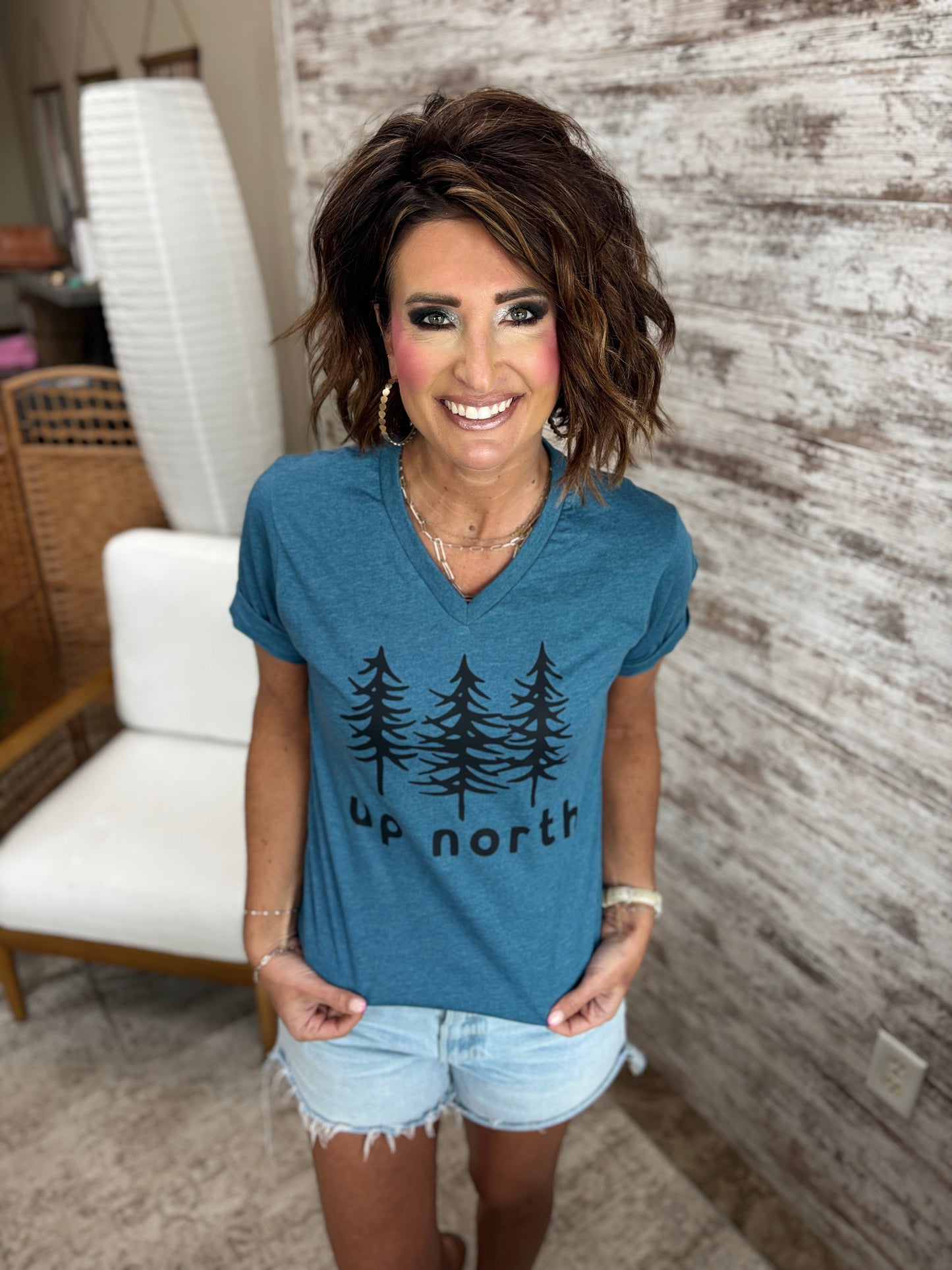 Up North Woods Heather Teal Bella V Neck