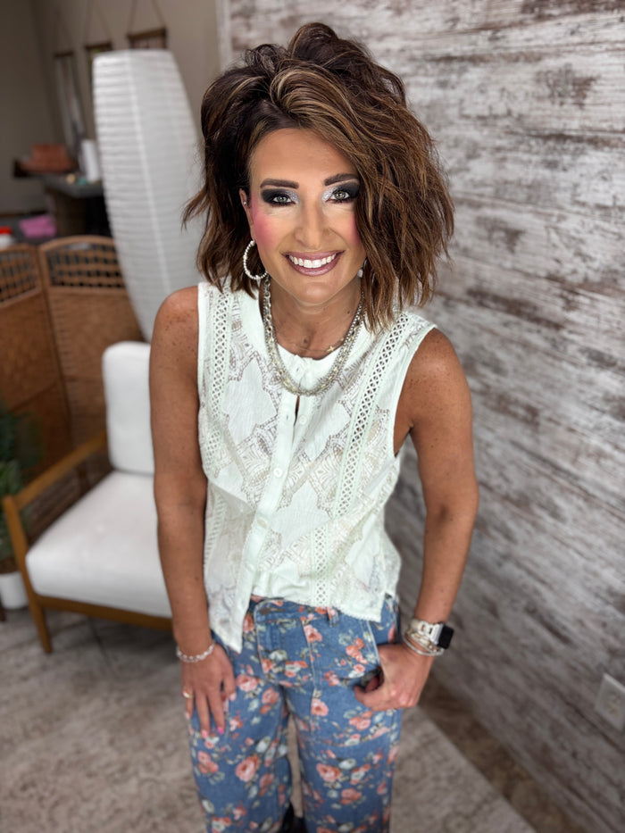 Mint Lace Button Down Tank