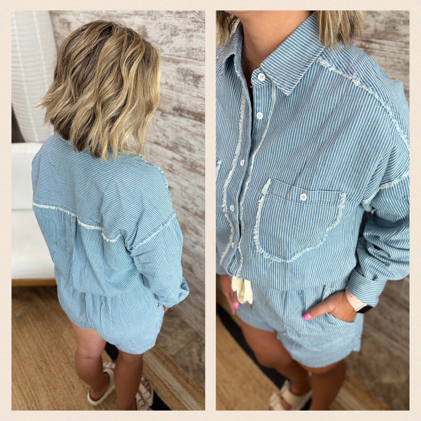 Denim Striped Romper with Tie Waist