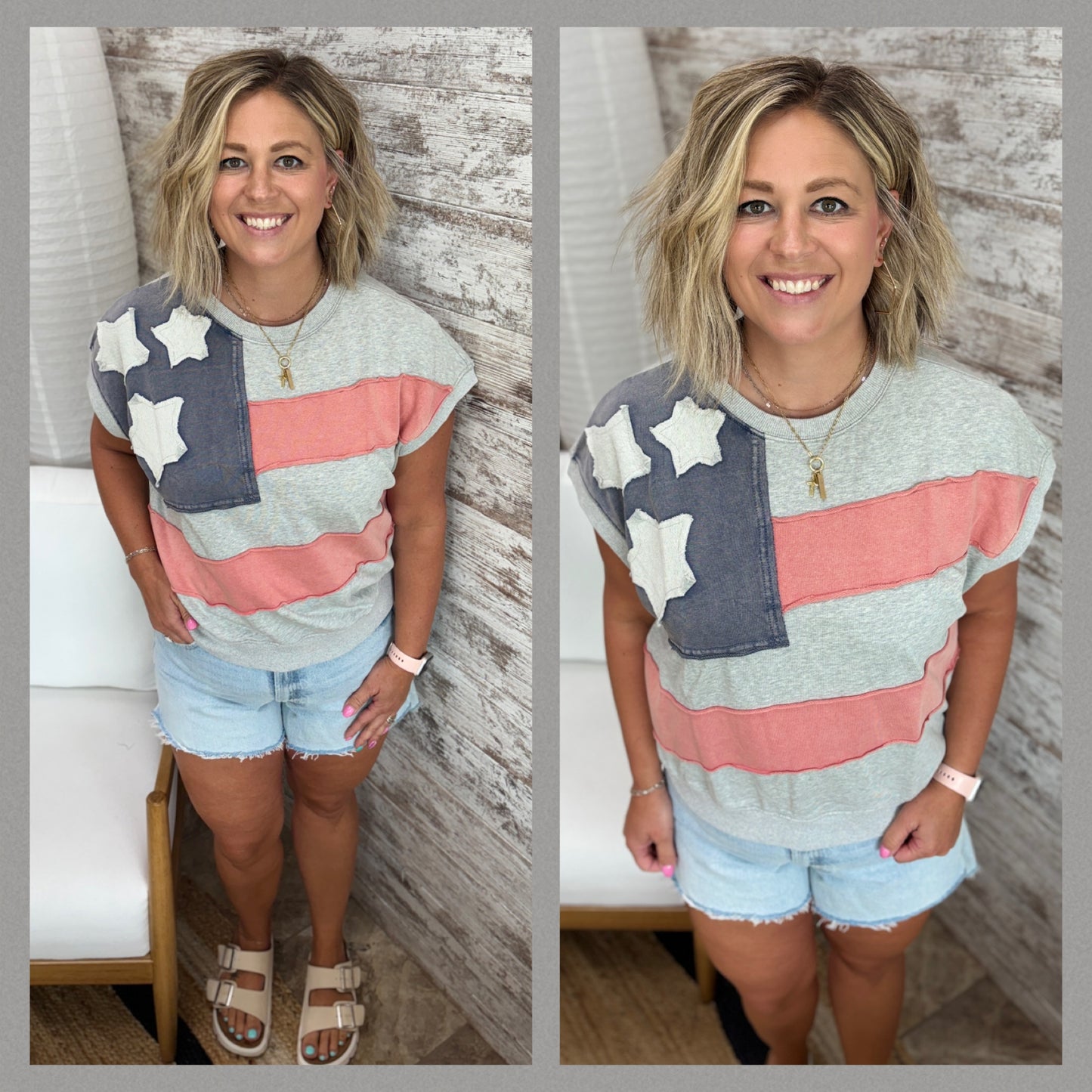 USA Flag Patchwork Short Sleeve Crew ~ 2 Colors