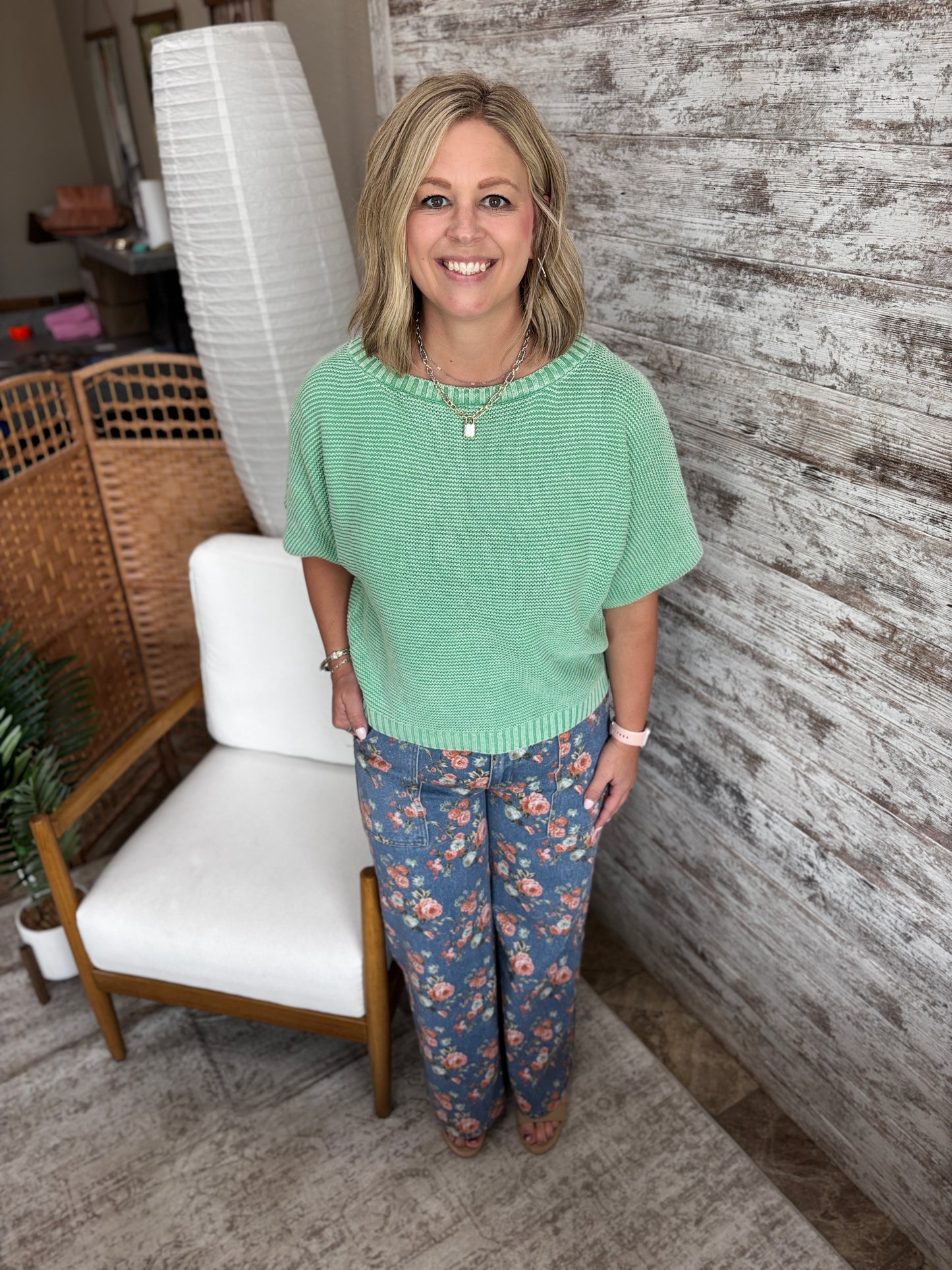 Washed Aqua Knit Short Sleeve Sweater