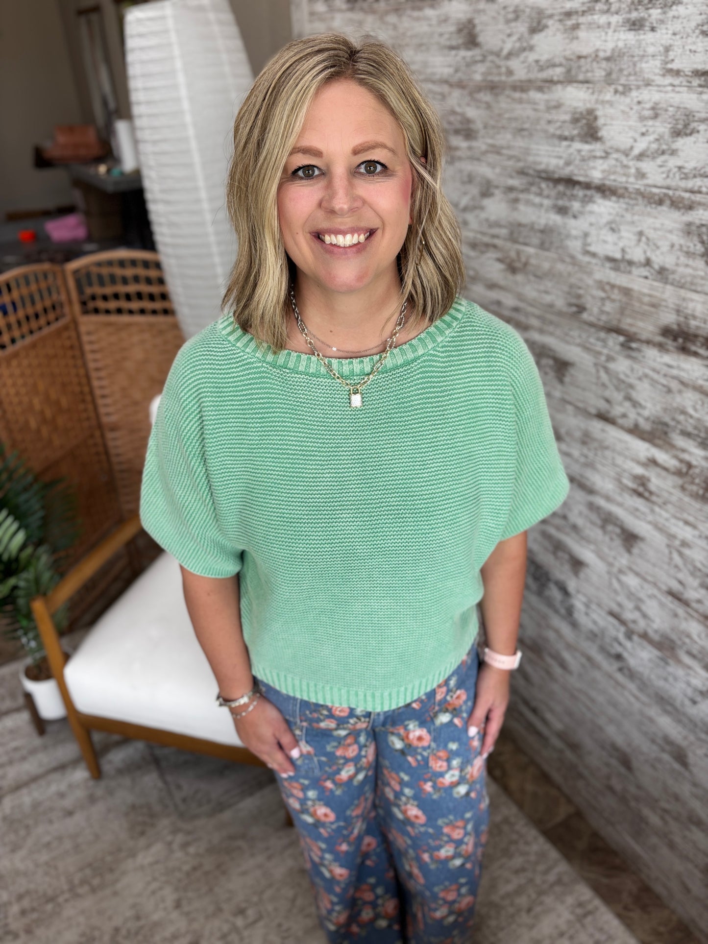 Washed Aqua Knit Short Sleeve Sweater