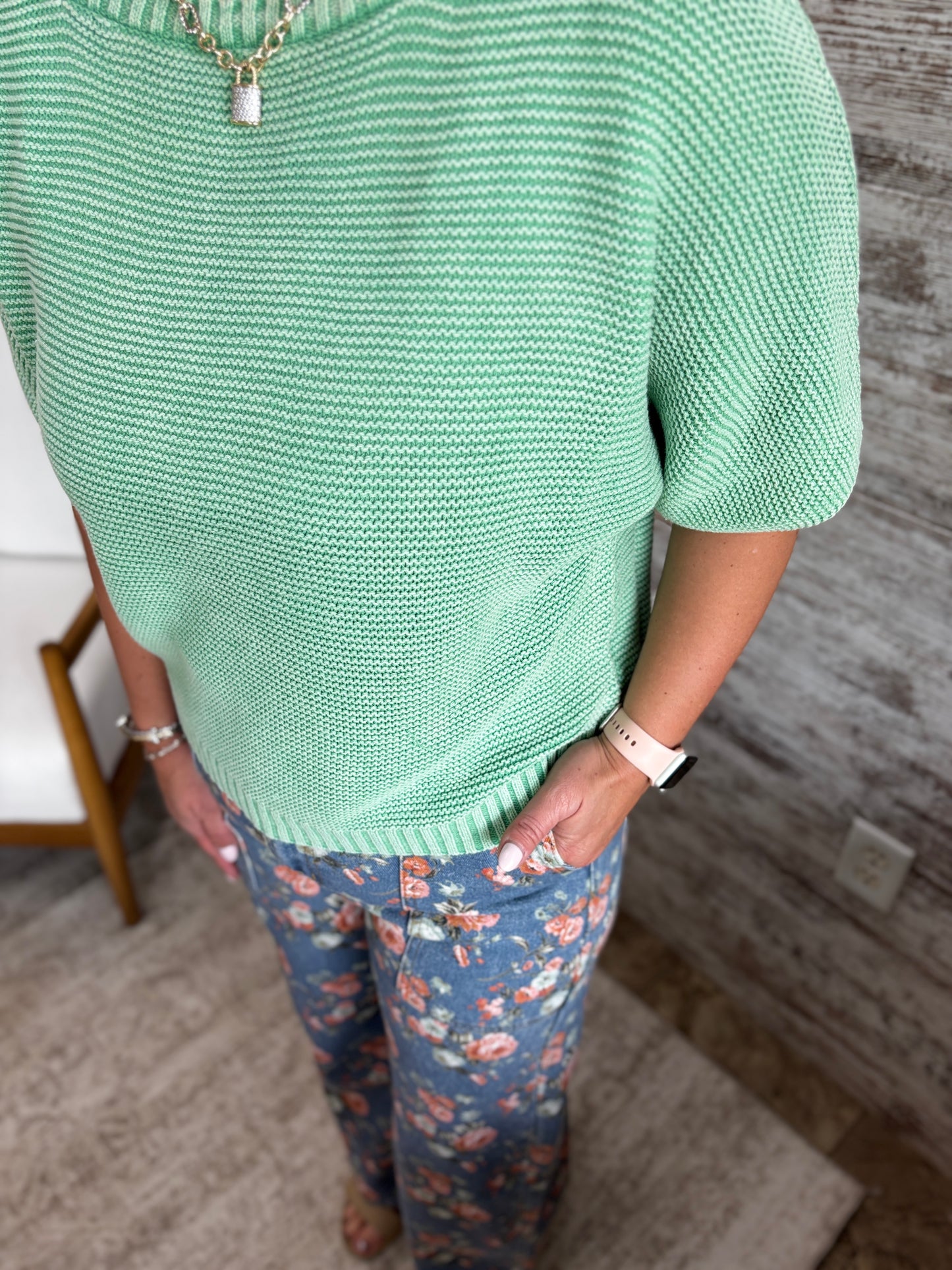Washed Aqua Knit Short Sleeve Sweater
