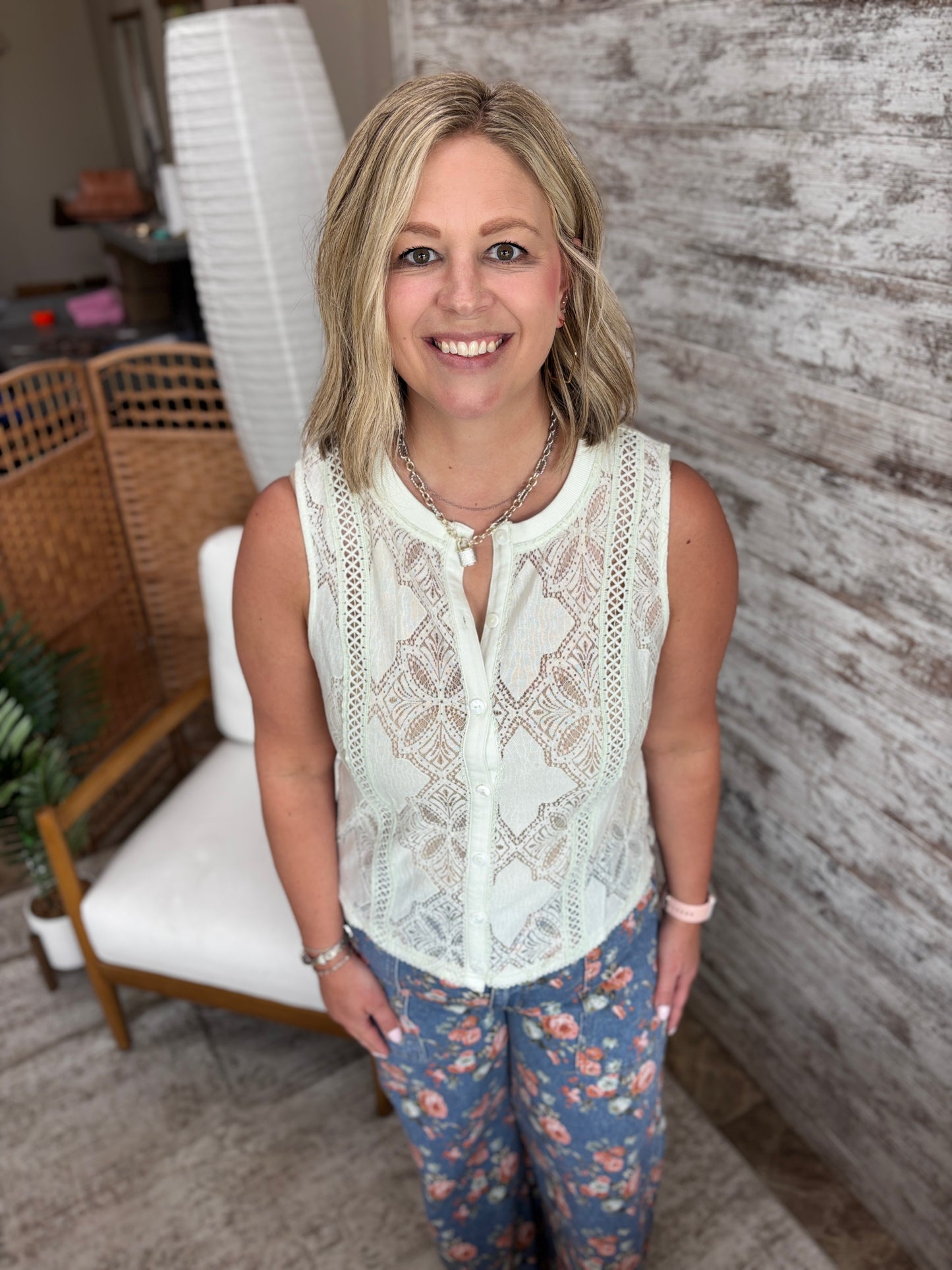 Mint Lace Button Down Tank