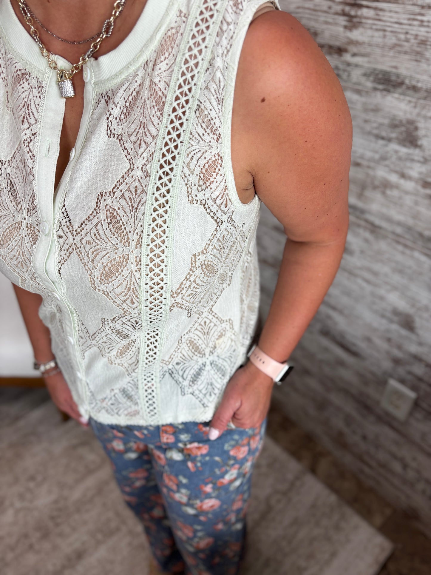 Mint Lace Button Down Tank