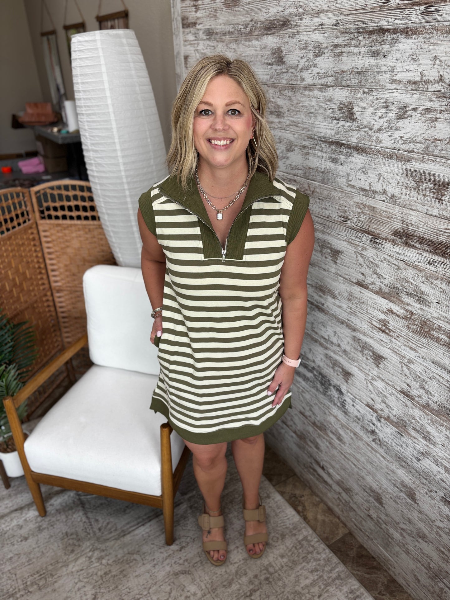 Olive Stripe Half Zip Mini Dress **RESTOCKED**