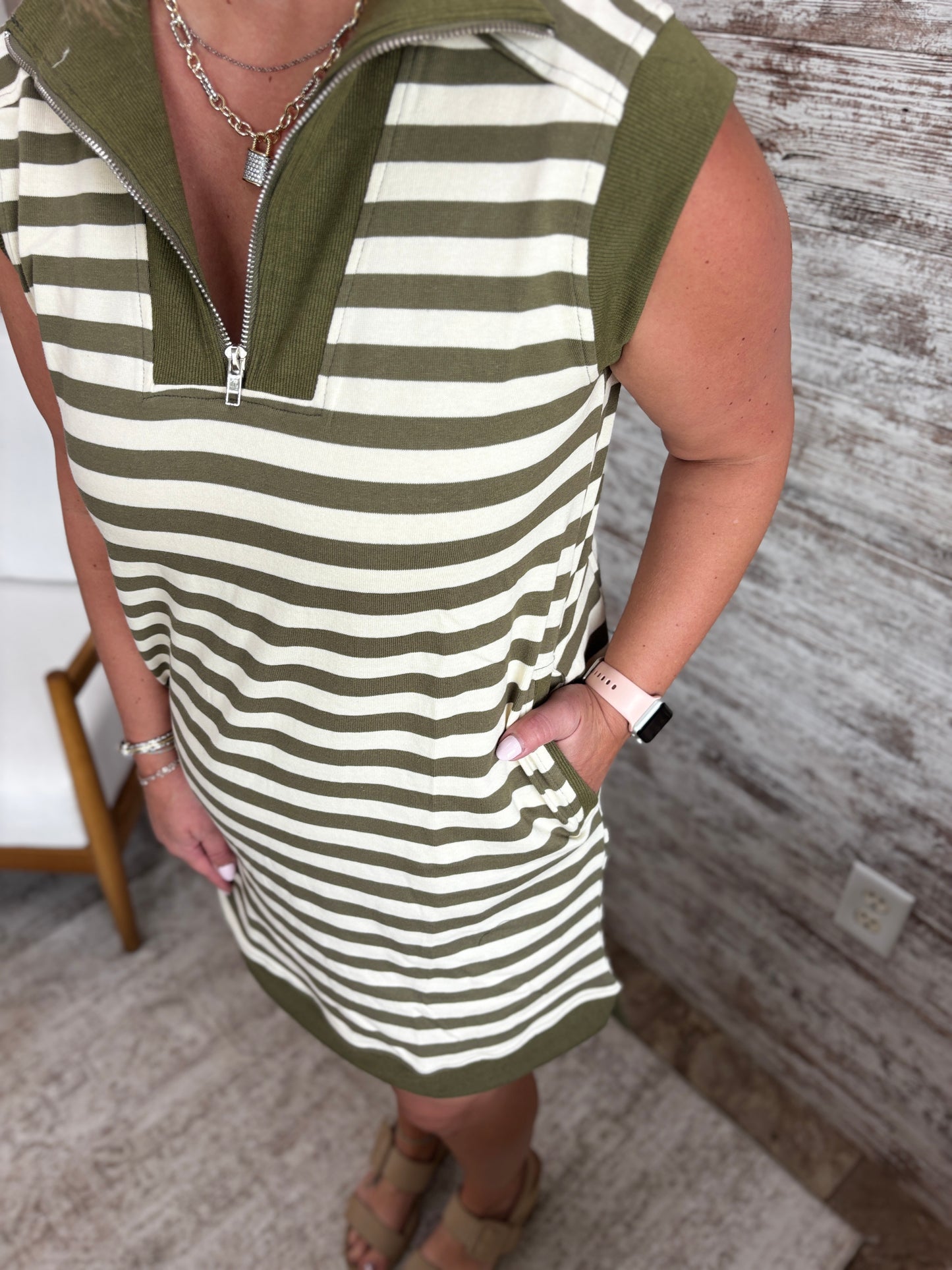 Olive Stripe Half Zip Mini Dress **RESTOCKED**