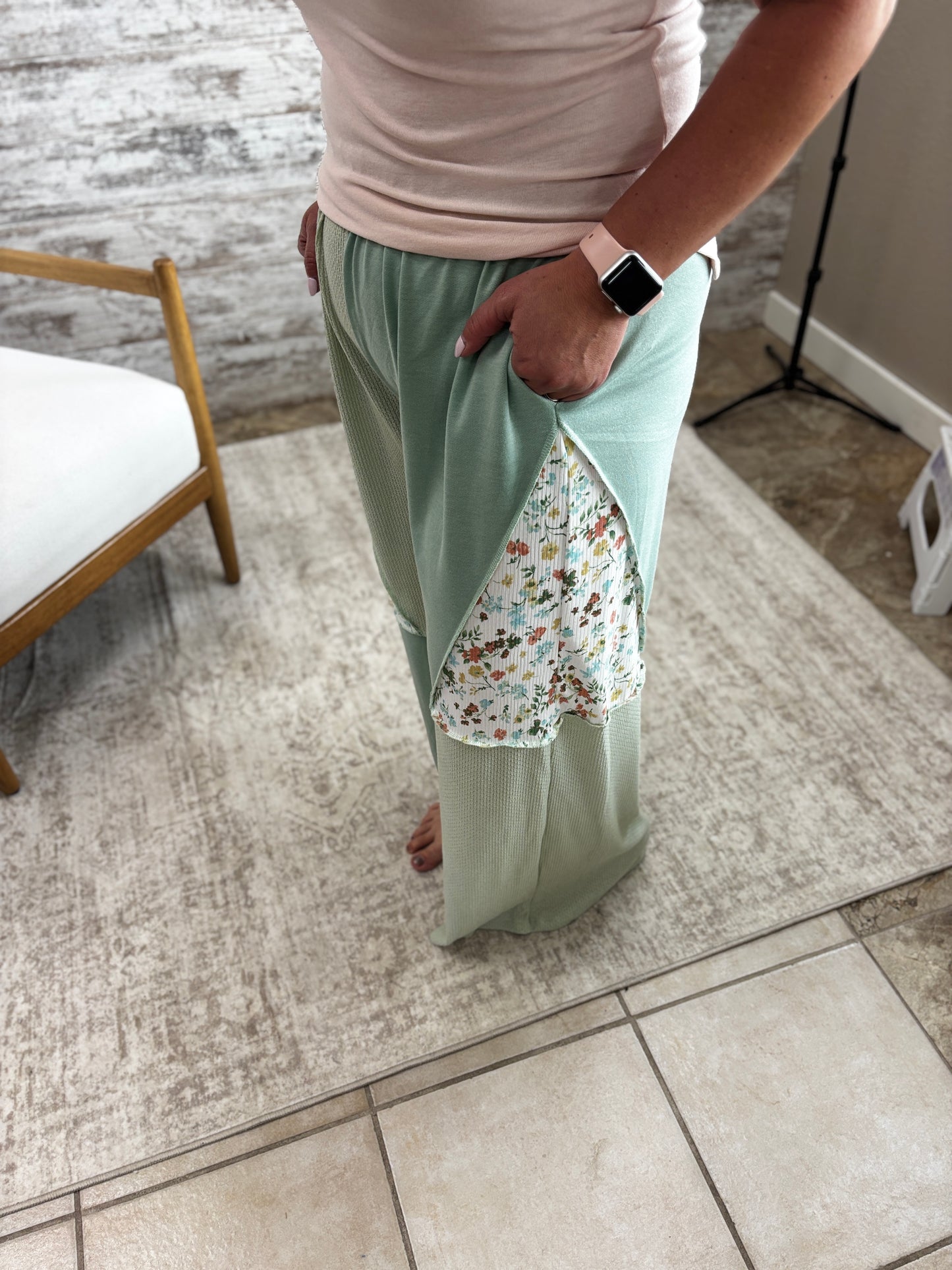 Sage Color Block Floral Mix Pant