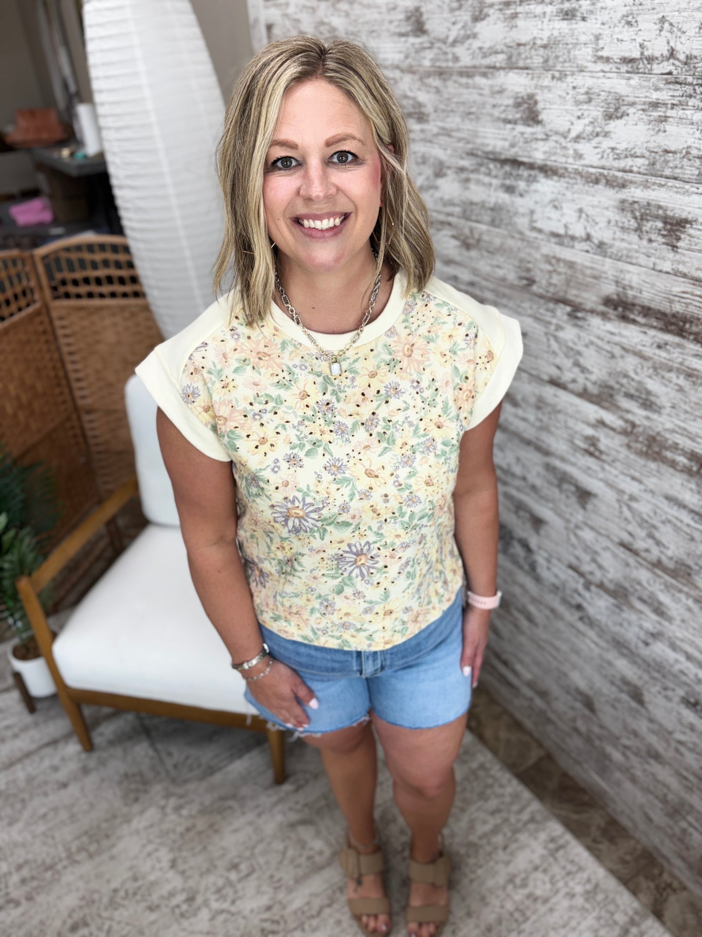 Butter Floral Cotton Twill Short Sleeve Top