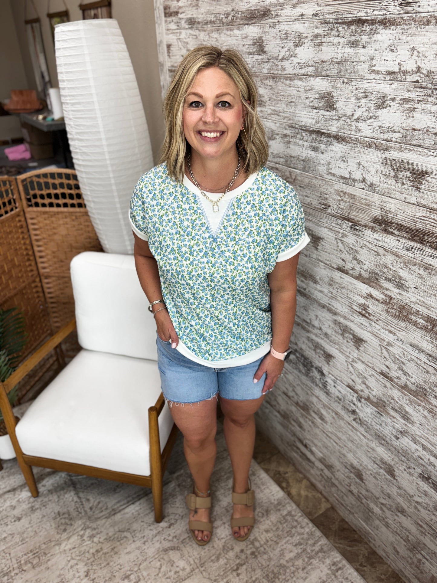 Blue Floral Short Sleeve Top