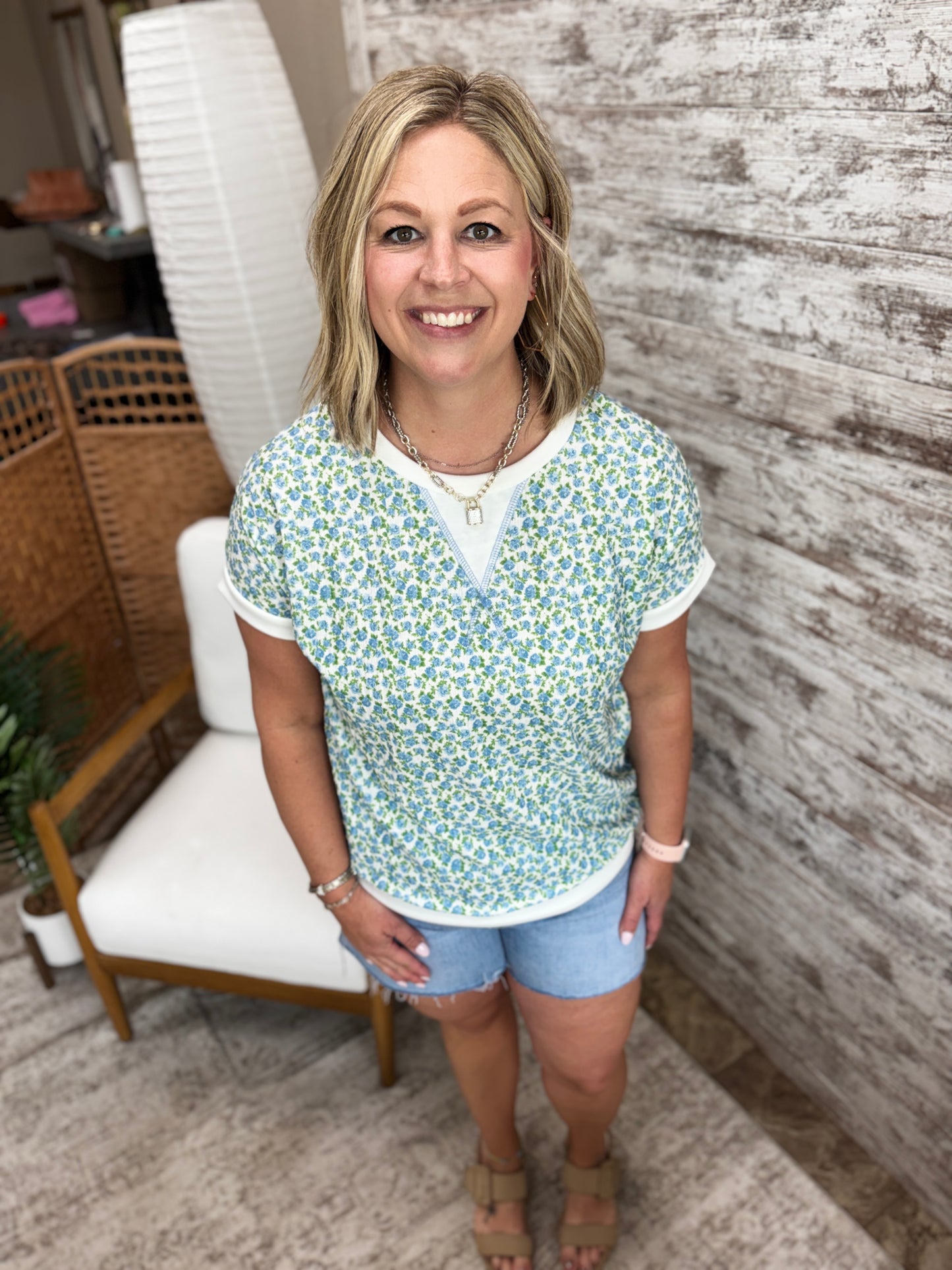 Blue Floral Short Sleeve Top