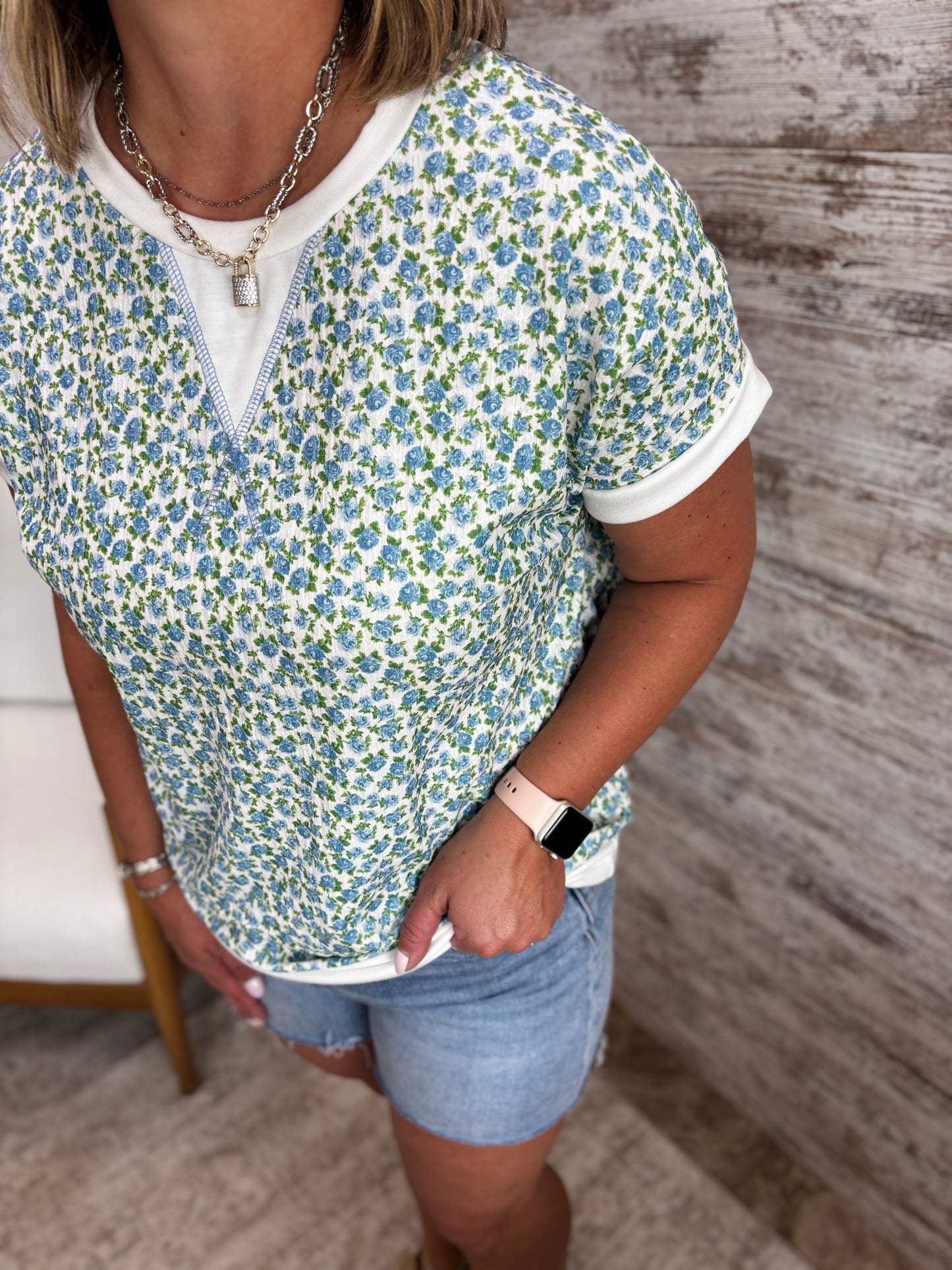Blue Floral Short Sleeve Top
