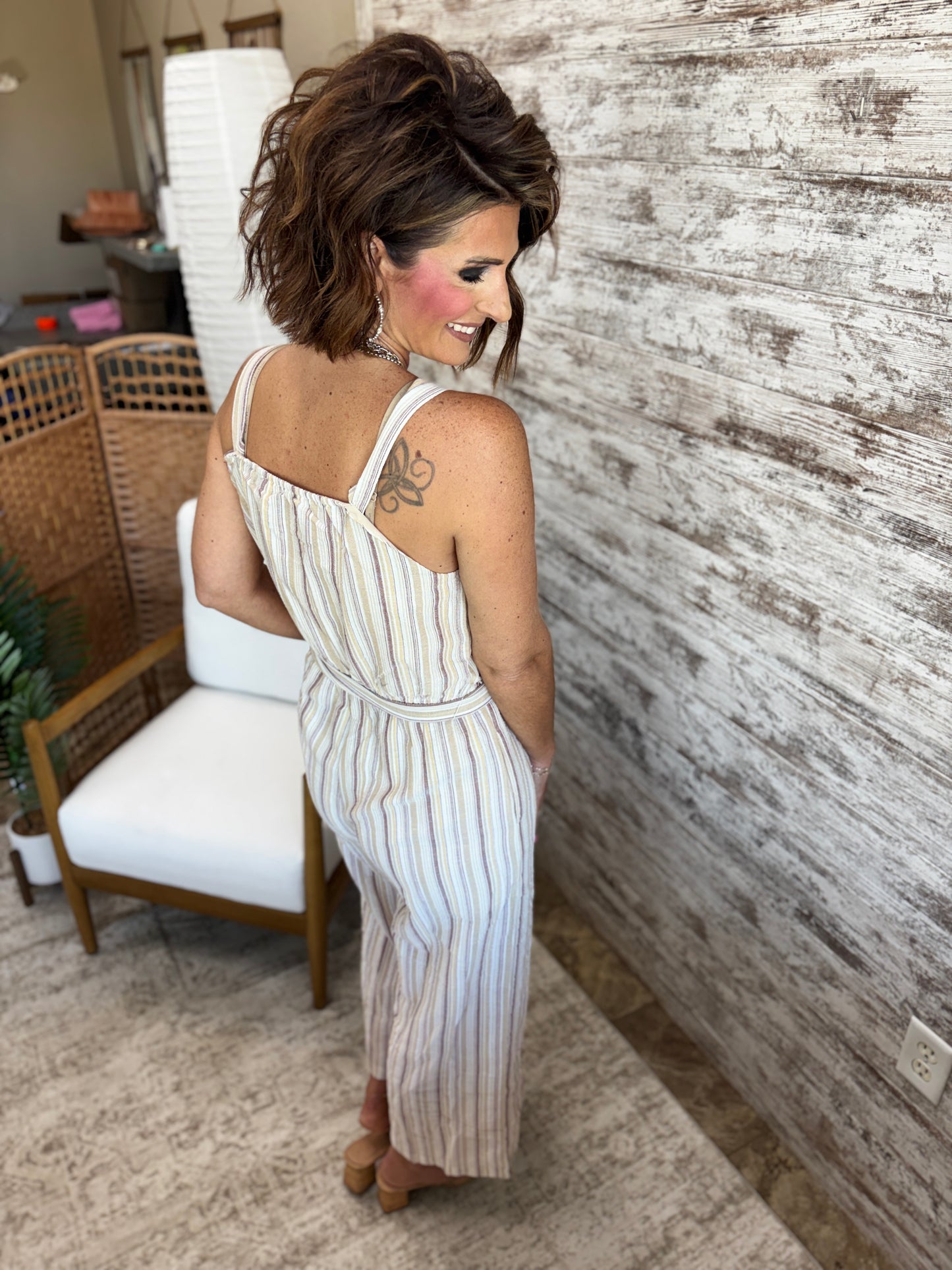 Taupe Striped Jumpsuit with Belt