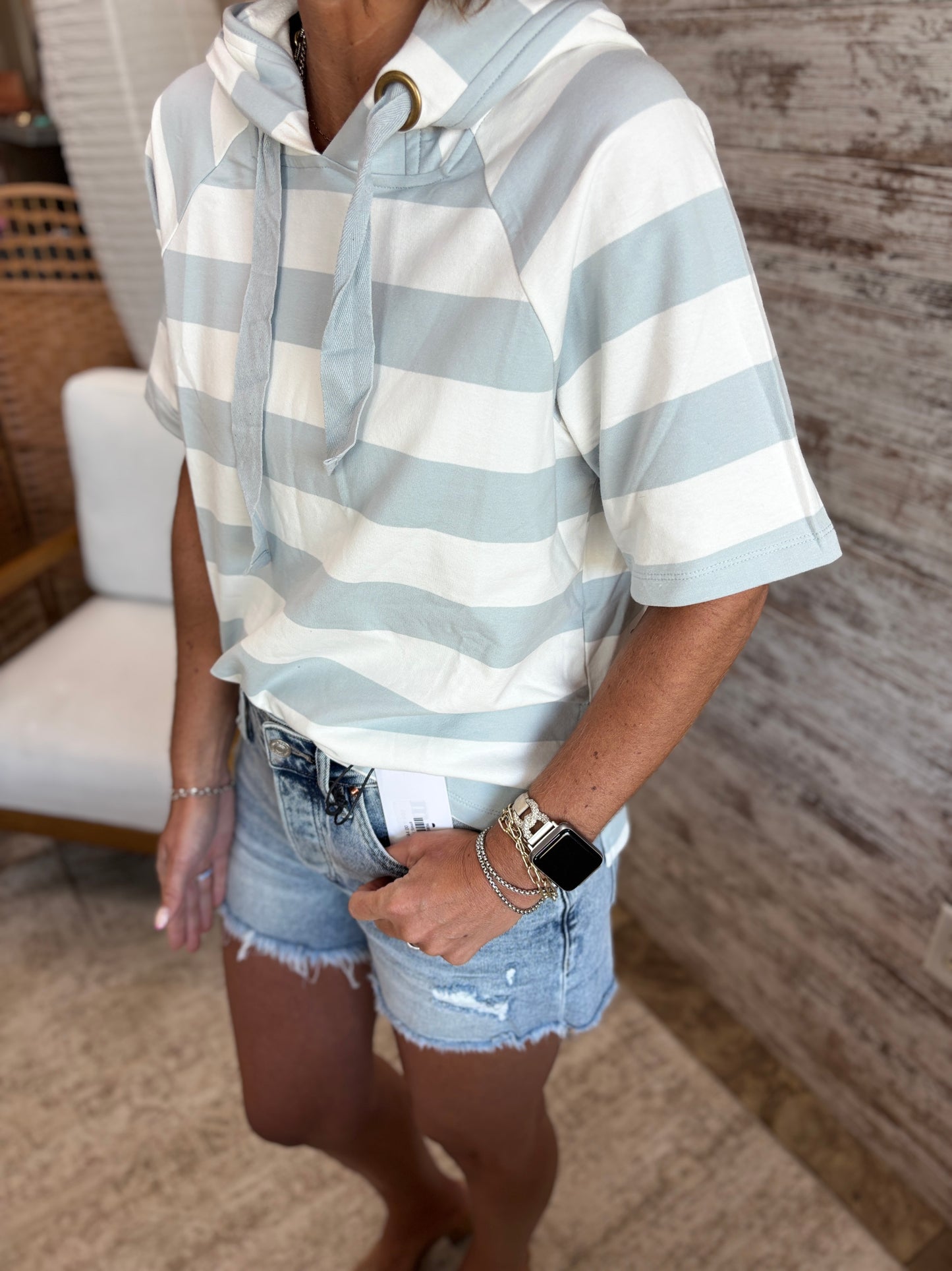 Lt Grey Wide Striped Short Sleeve Hoodie **RESTOCKED**