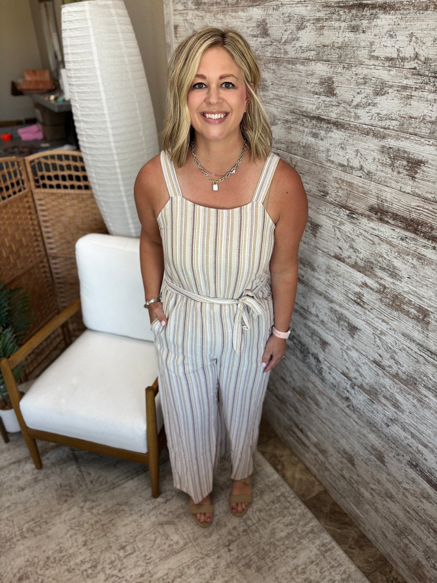 Taupe Striped Jumpsuit with Belt