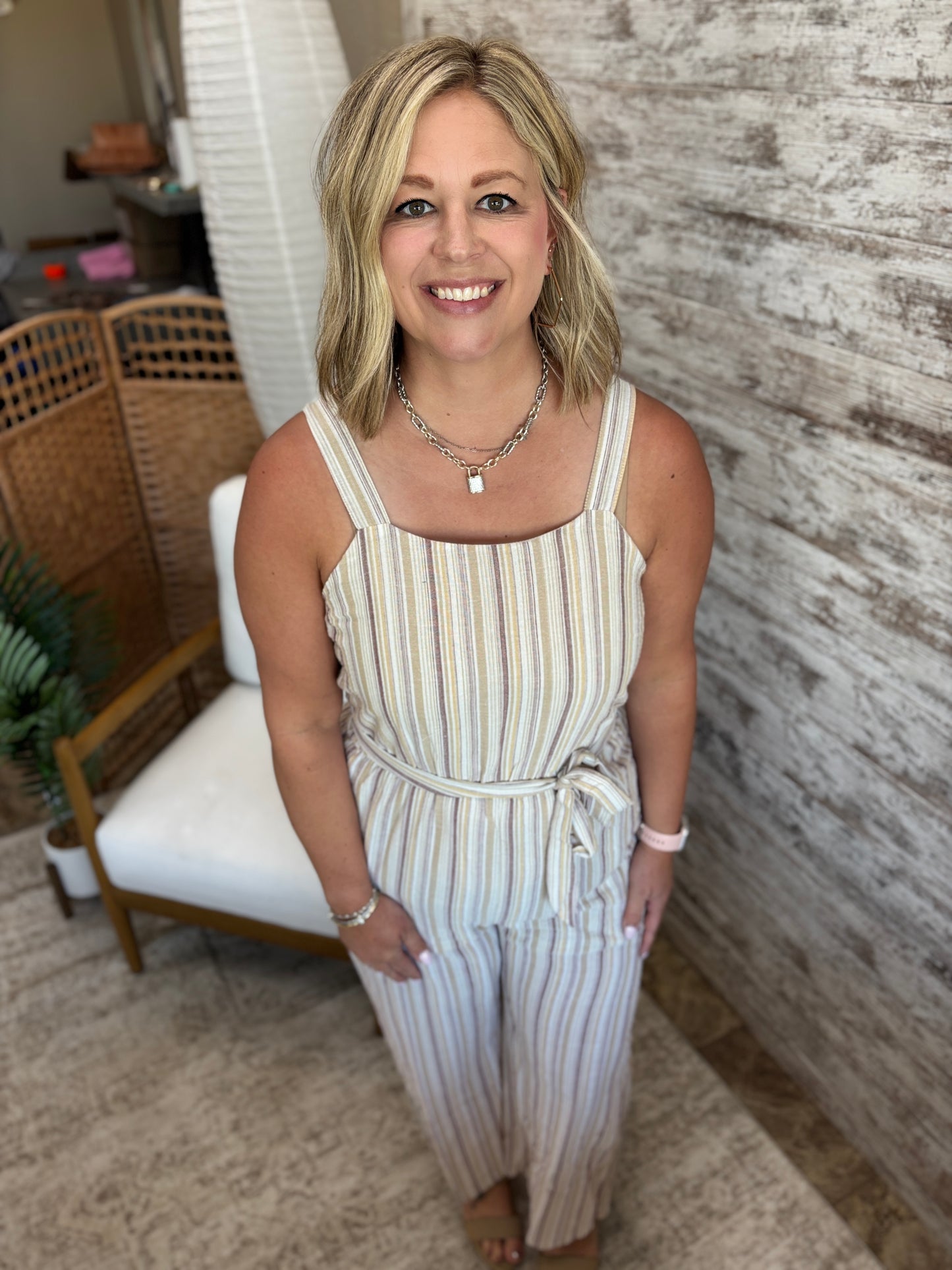 Taupe Striped Jumpsuit with Belt