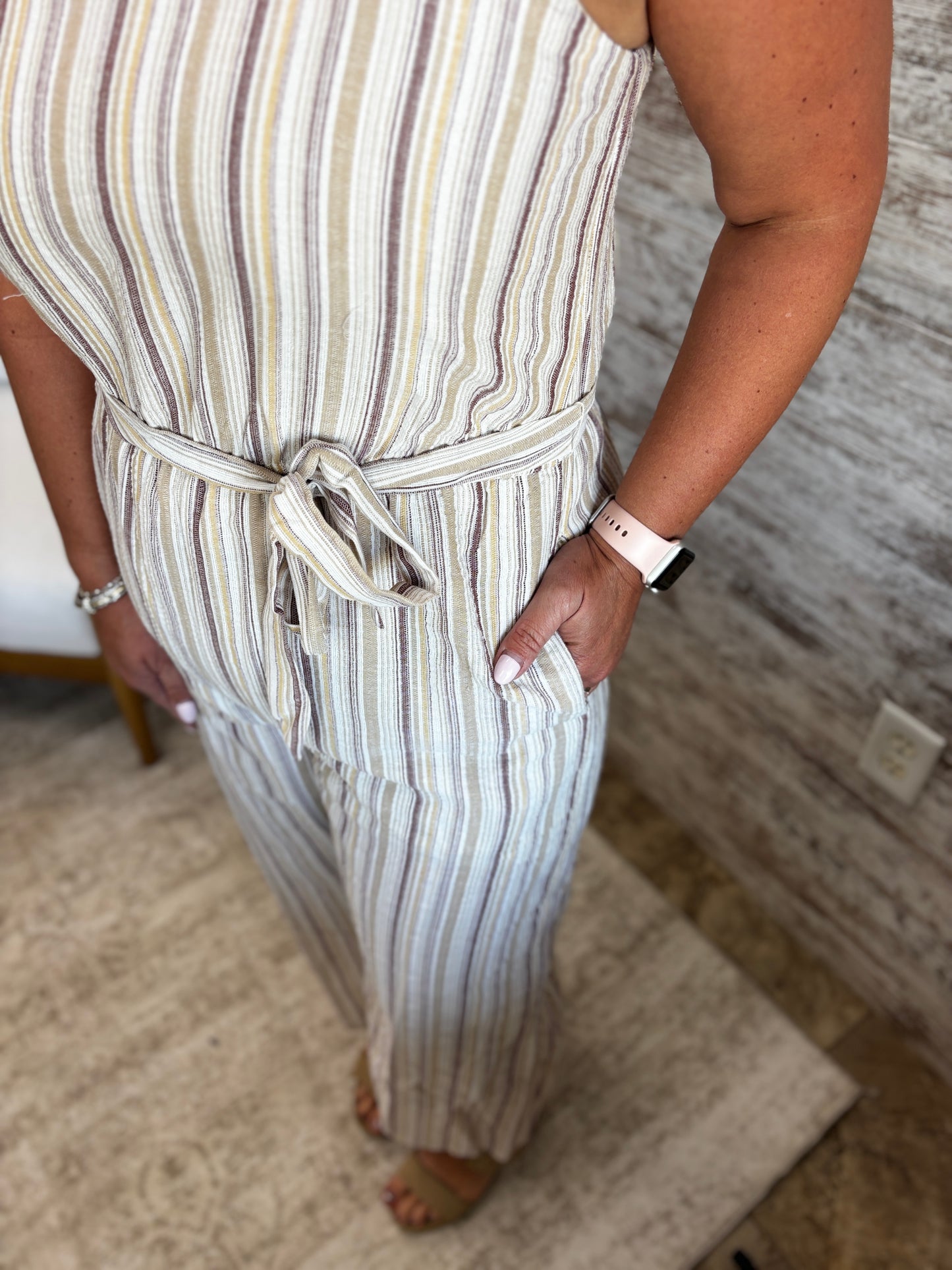 Taupe Striped Jumpsuit with Belt