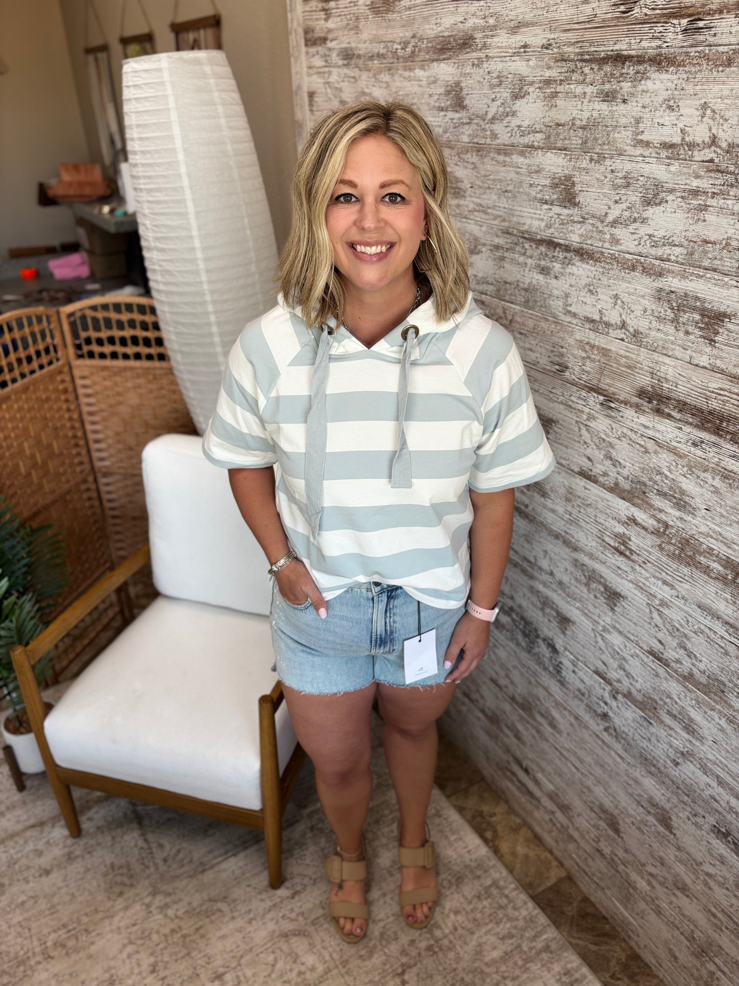 Lt Grey Wide Striped Short Sleeve Hoodie **RESTOCKED**