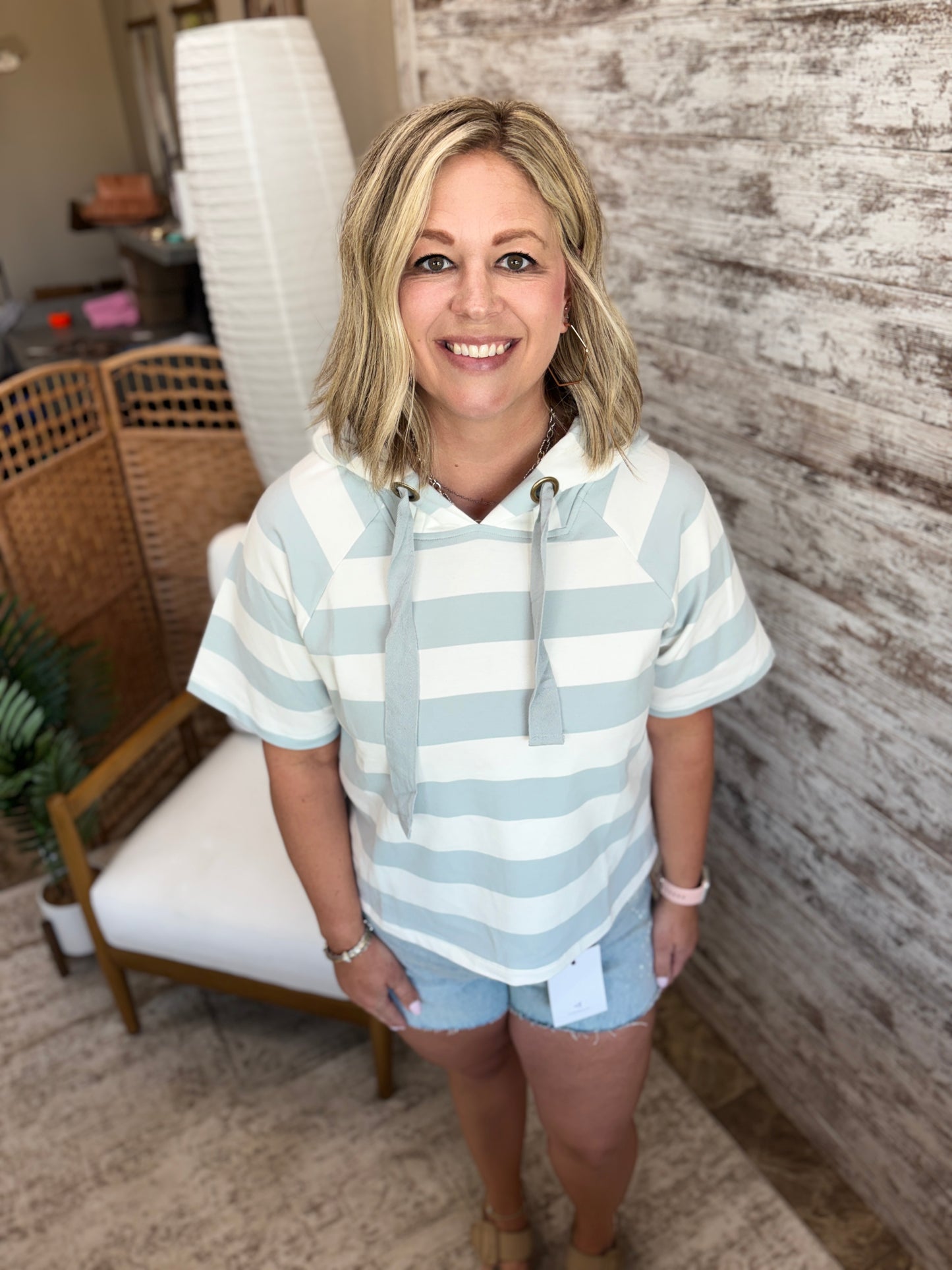Lt Grey Wide Striped Short Sleeve Hoodie **RESTOCKED**