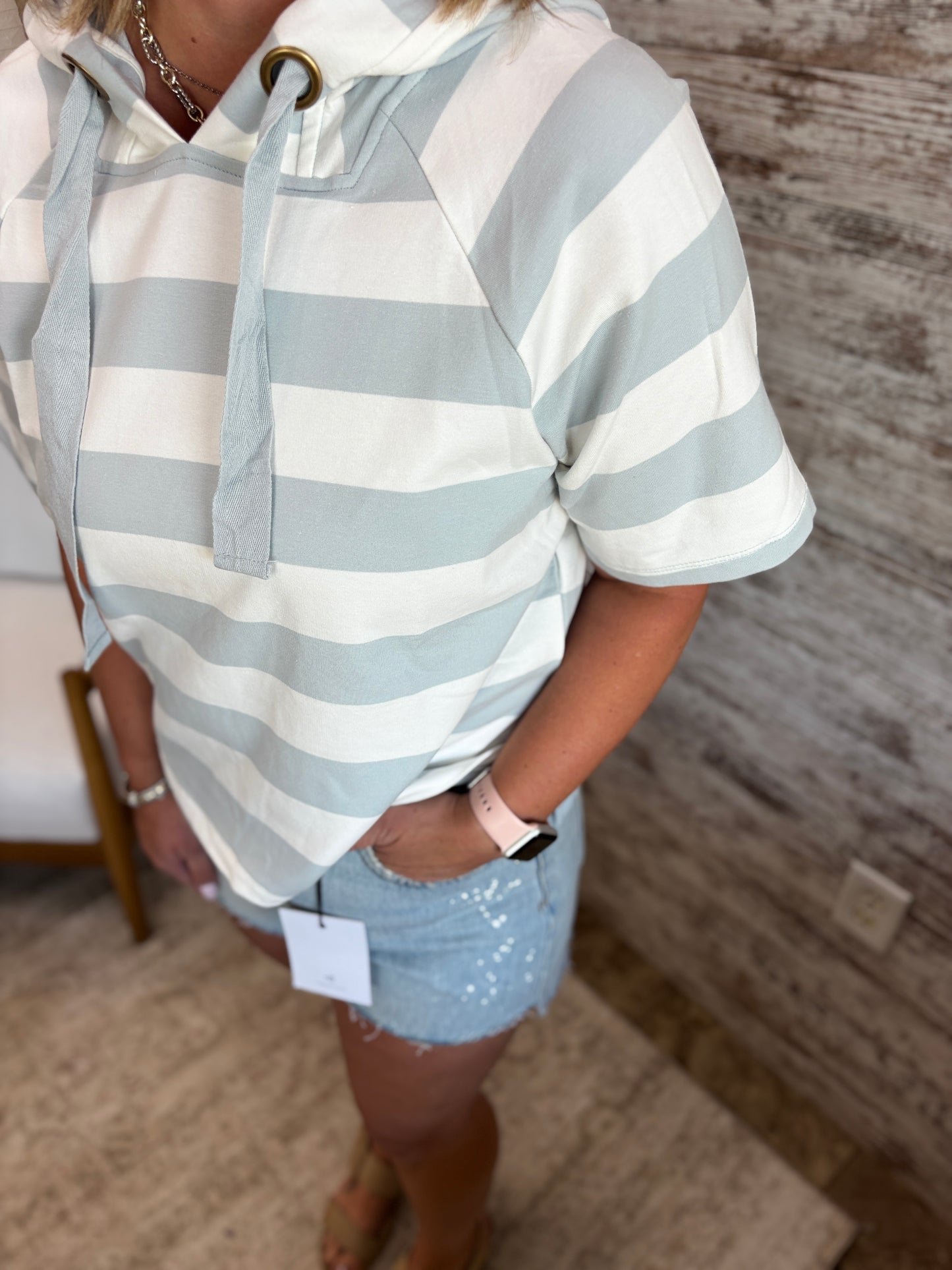 Lt Grey Wide Striped Short Sleeve Hoodie **RESTOCKED**