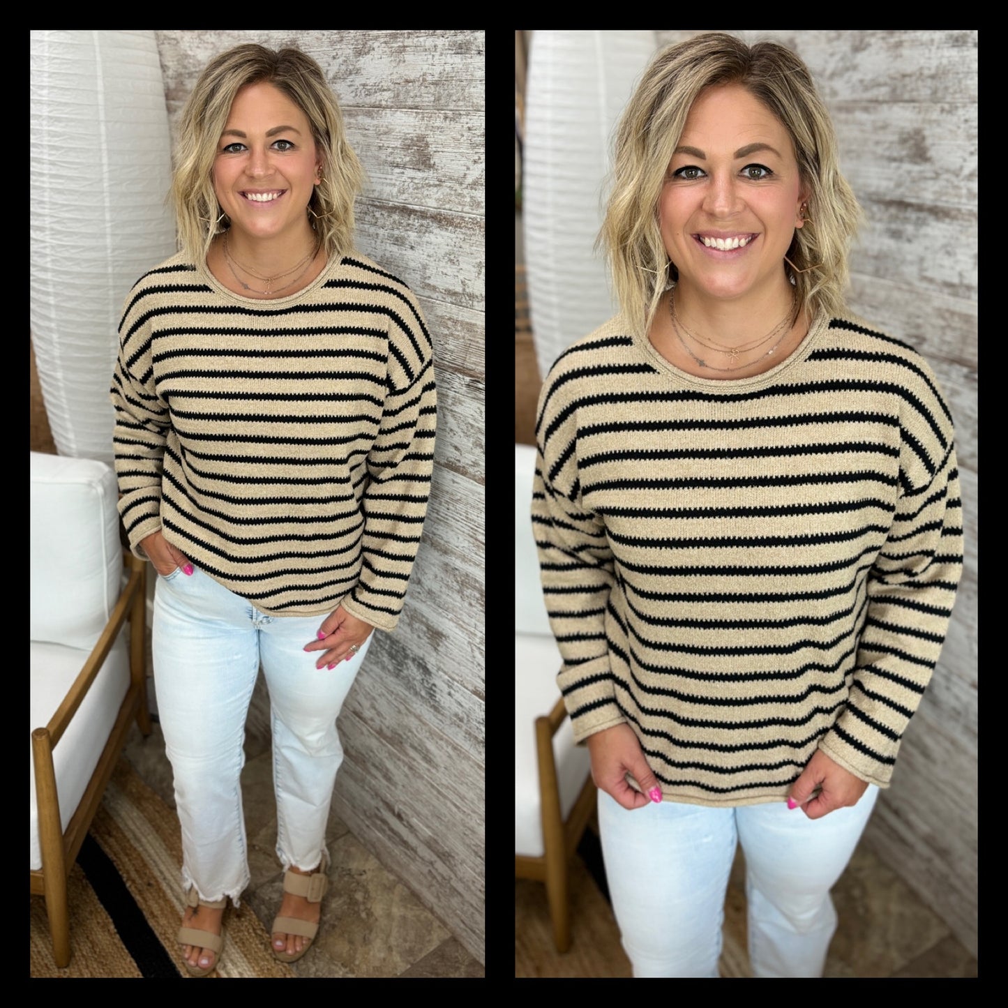 Taupe Striped Boat Neck Sweater