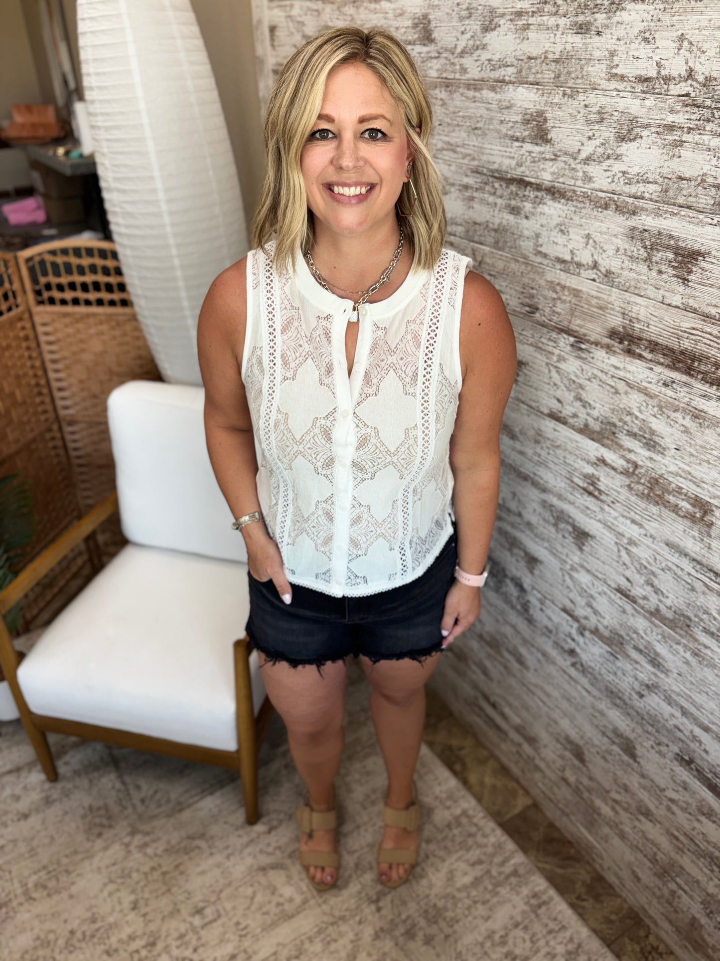 White Lace Button Down Tank
