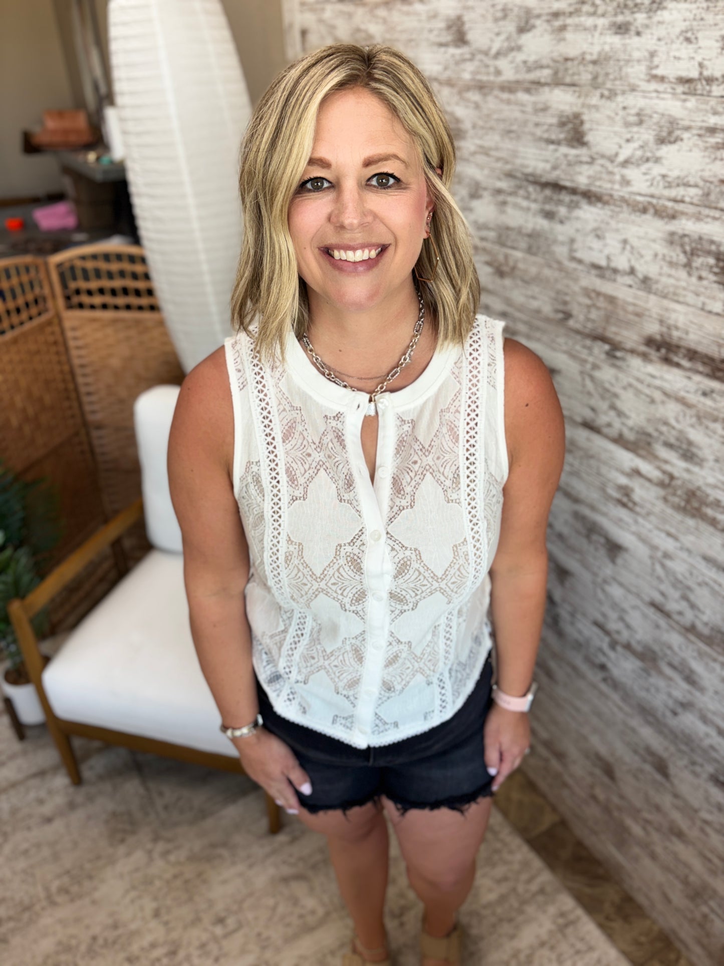White Lace Button Down Tank