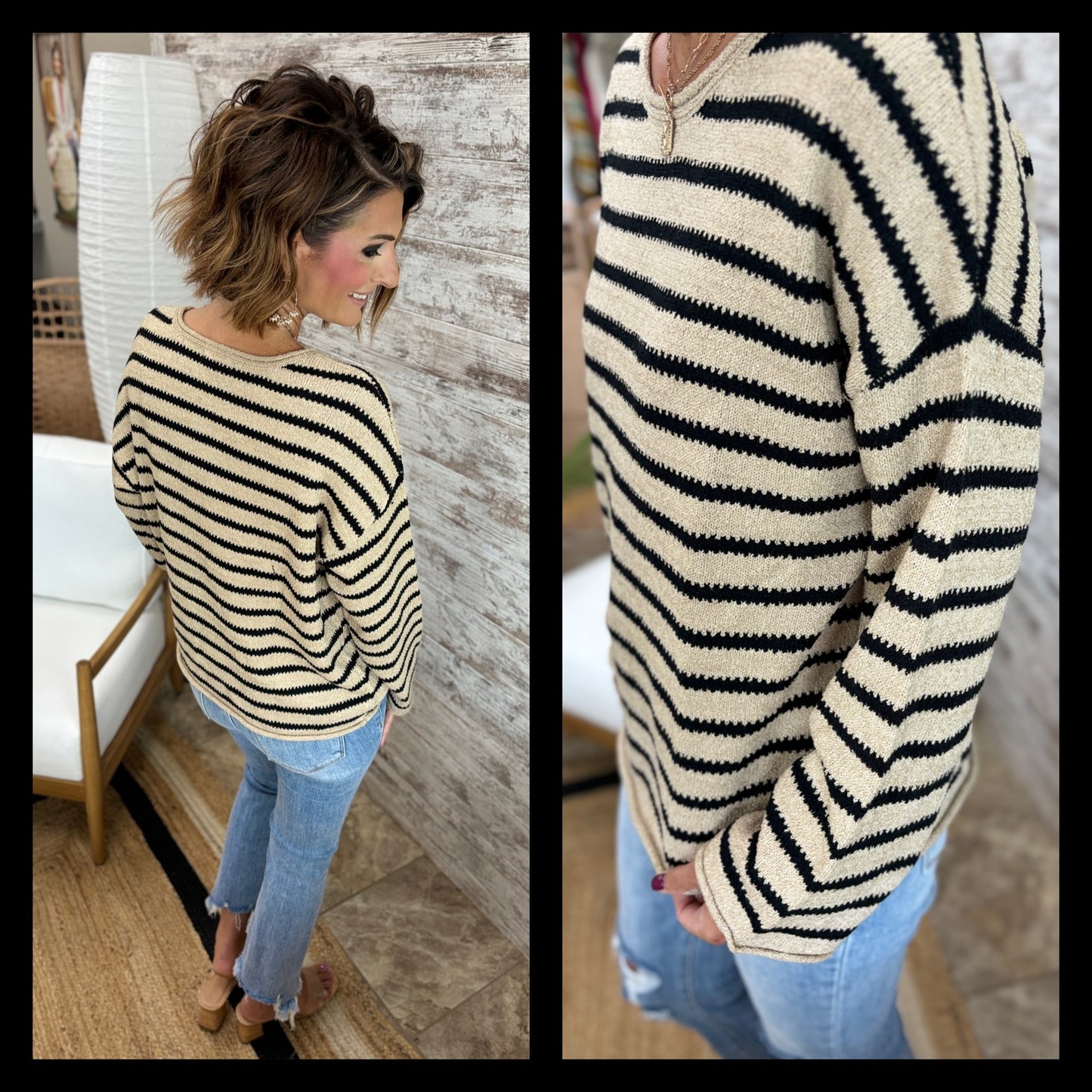 Taupe Striped Boat Neck Sweater