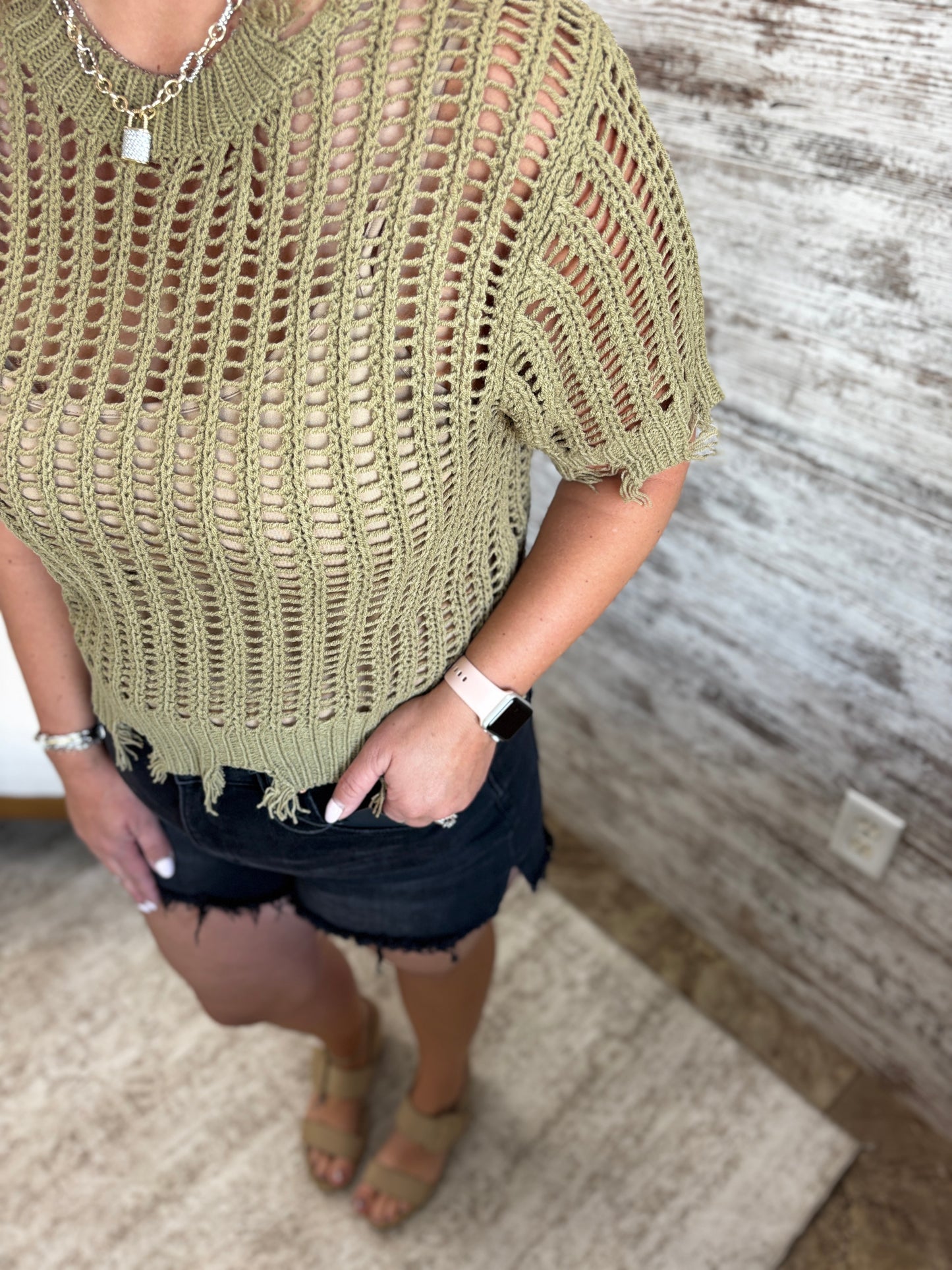 Olive Open Knit Distressed Tank