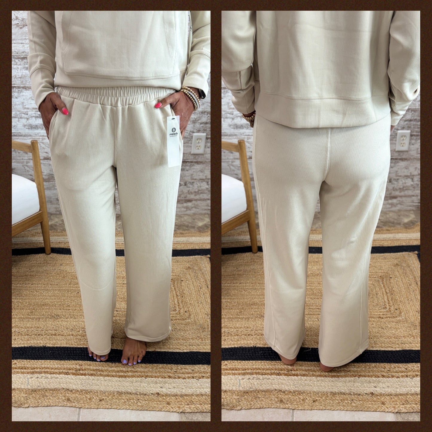 Natural Sand Wash Ribbed Wide Leg Pants