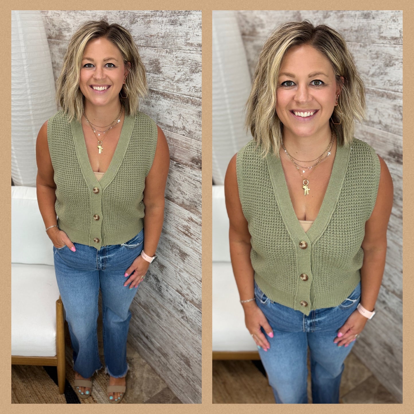 Sage Chunky Waffle Knit Sweater Vest