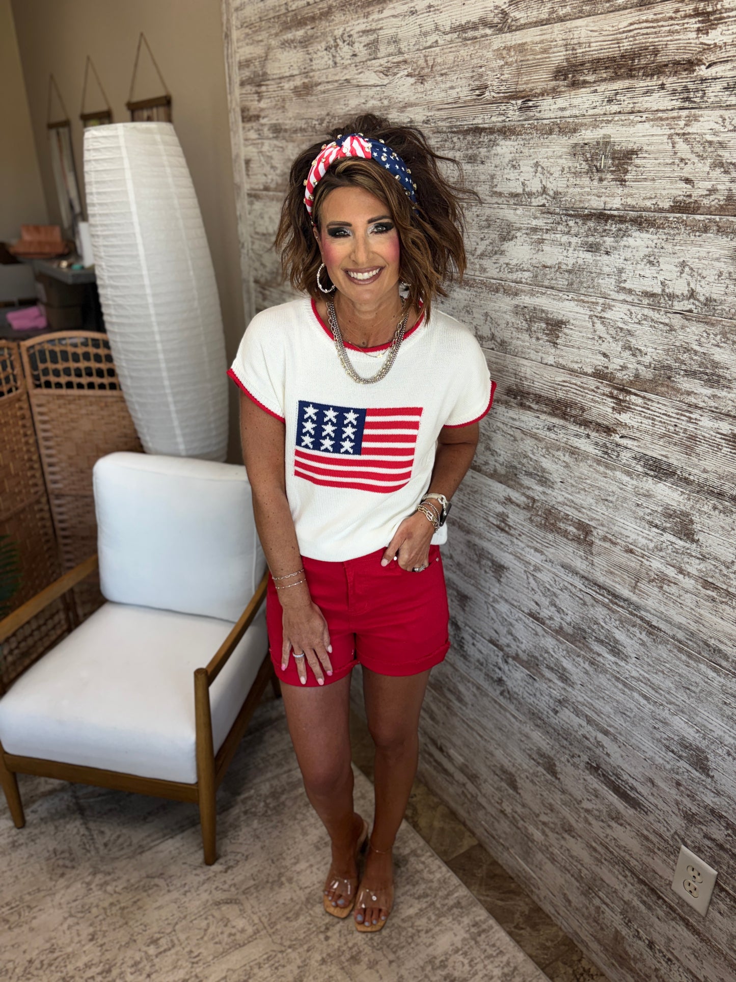 Ivory American Flag Sweater with Red Trim