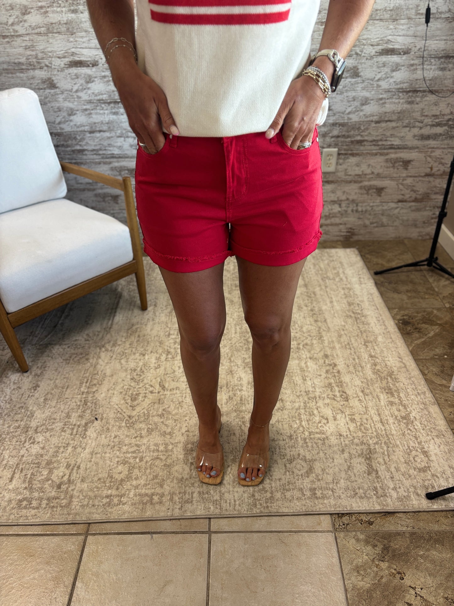 Red 4th of July Shorts with Frayed Hem