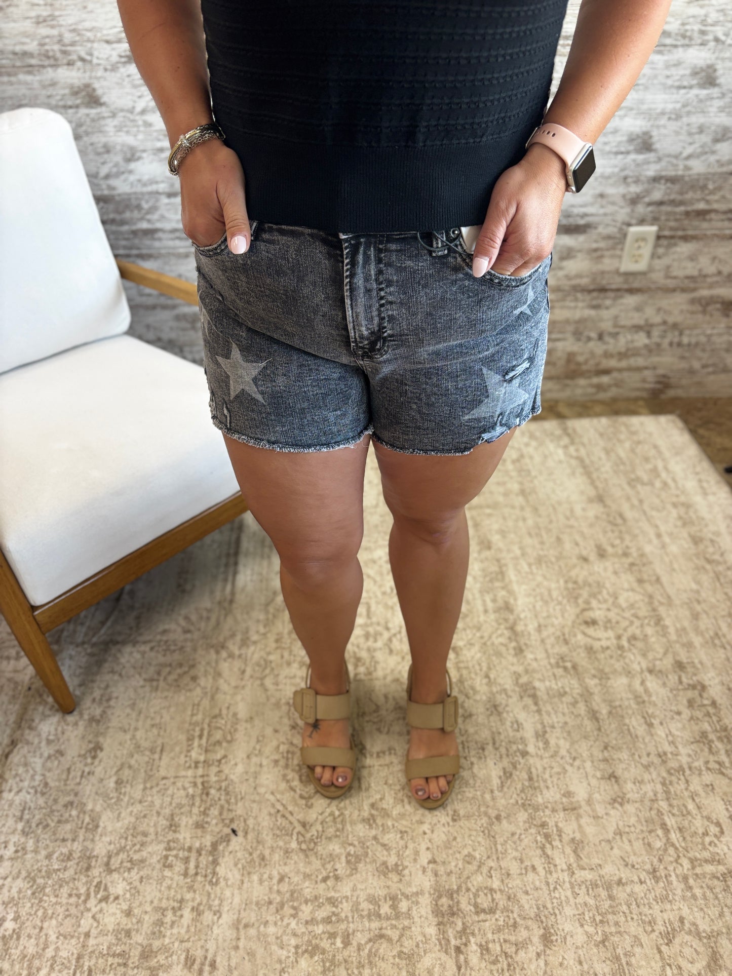 Mica High Rise Black Star Cut Off Shorts MDP-H3550BK