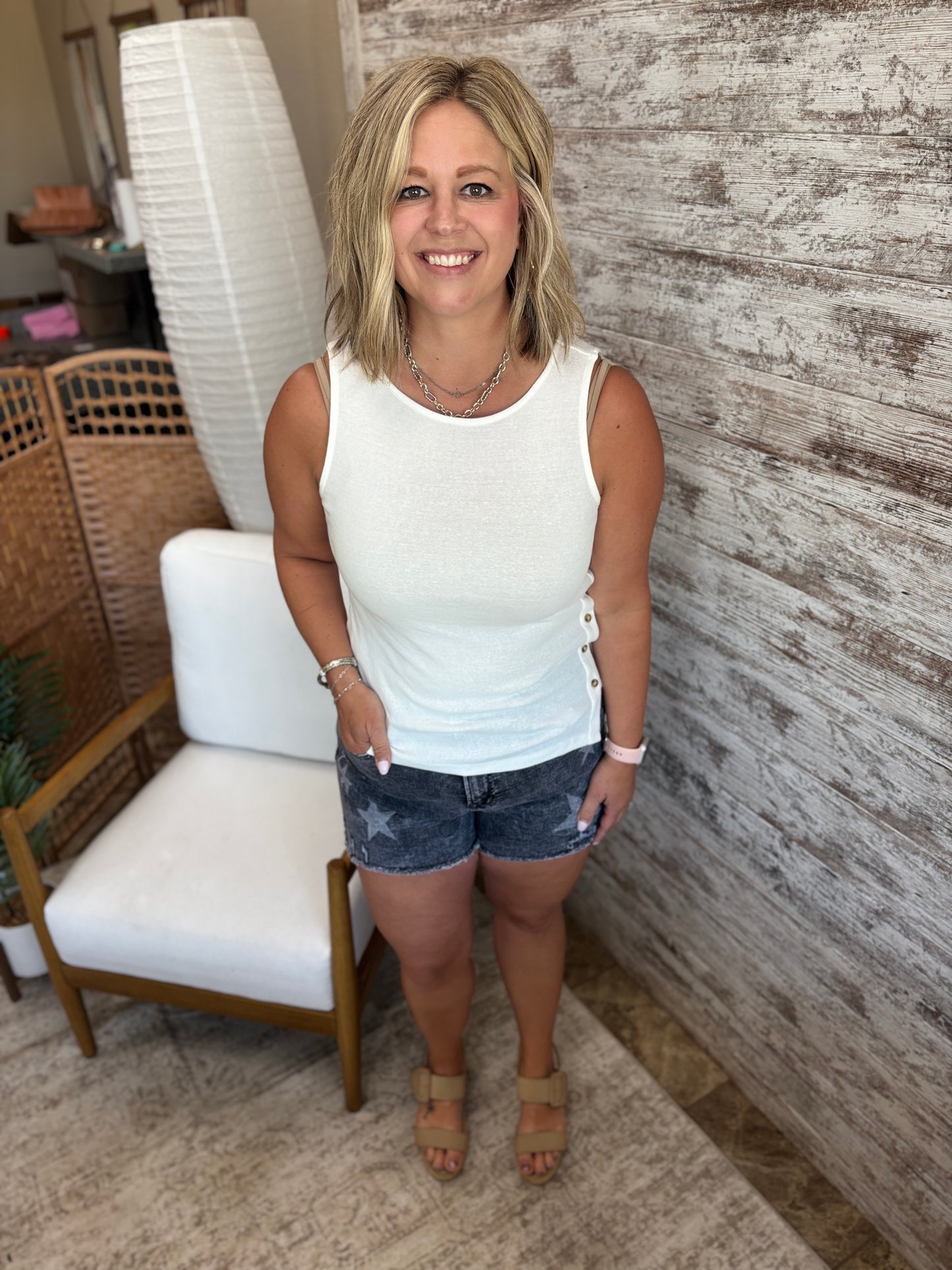 White Asymmetrical Button Down Tank