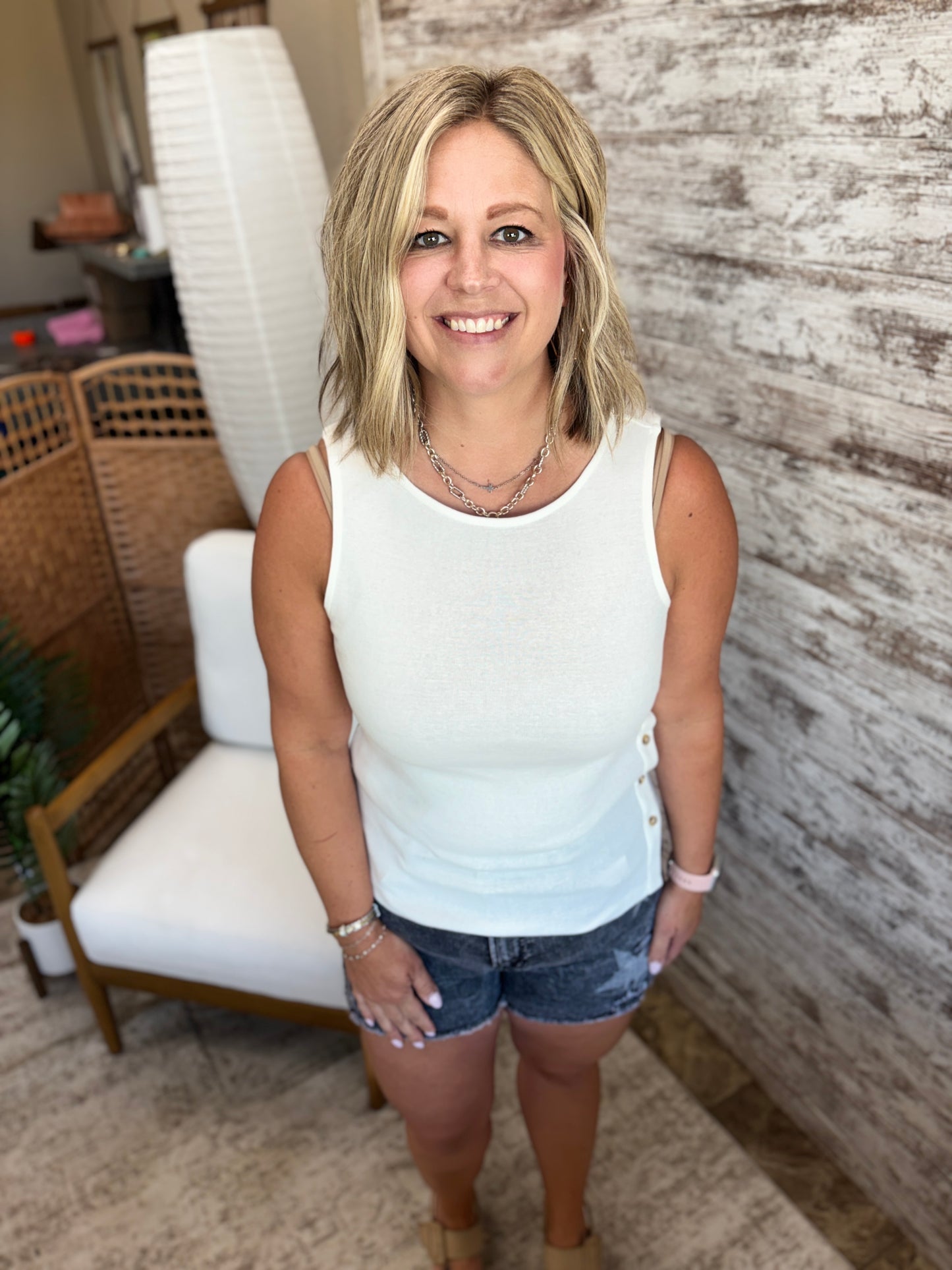 White Asymmetrical Button Down Tank