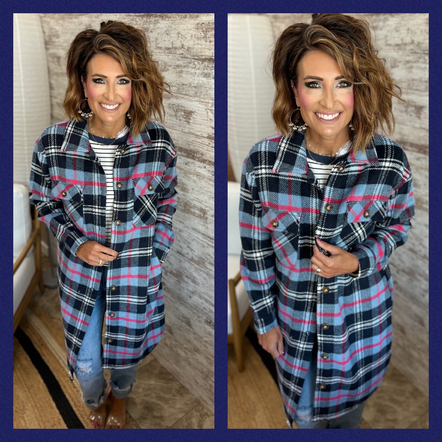 Navy and Pink Long Flannel Jacket