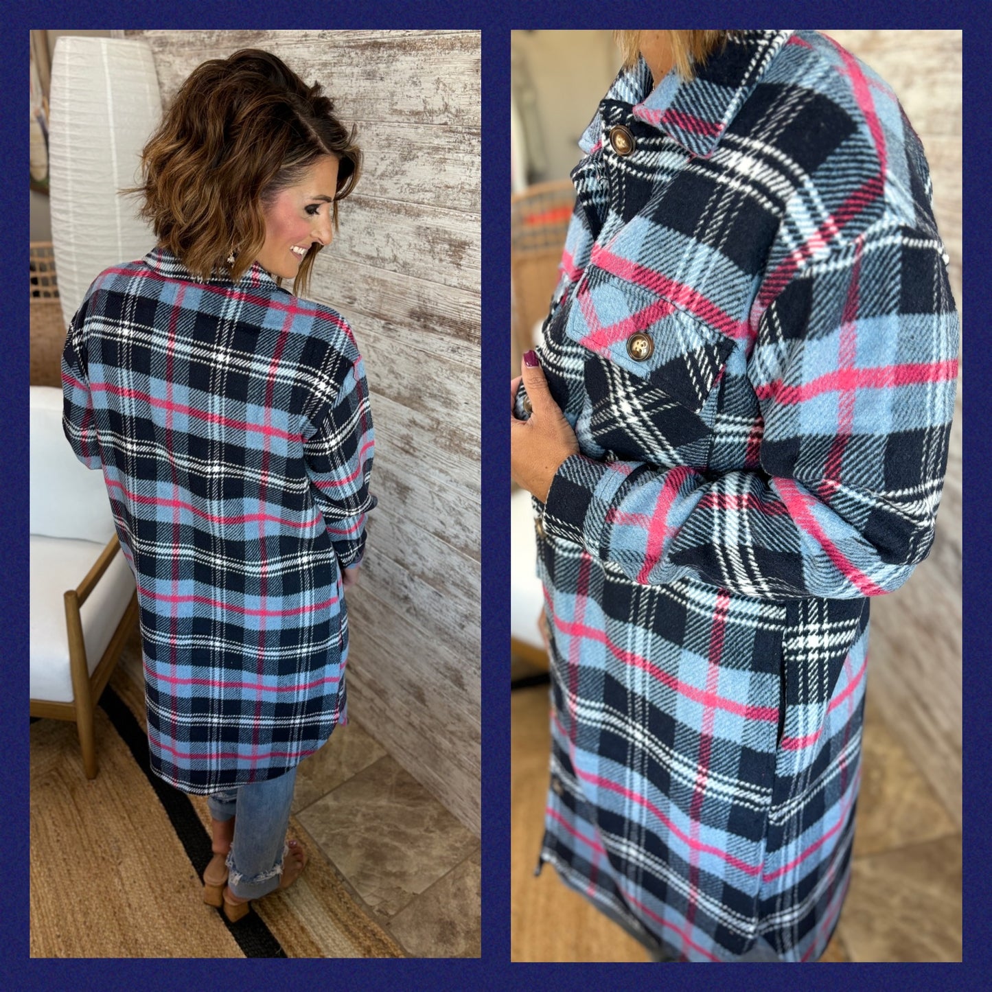 Navy and Pink Long Flannel Jacket