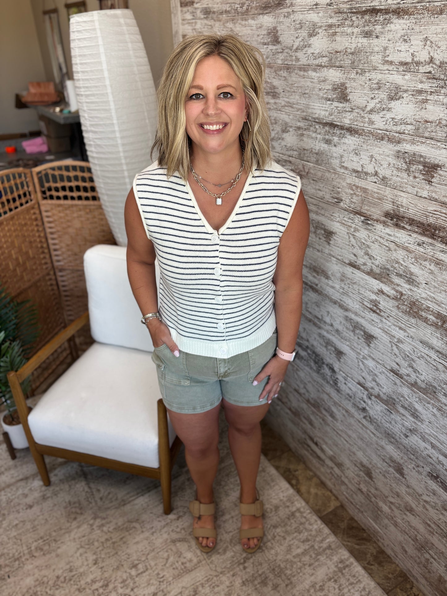 Ivory/Navy Striped Sleeveless Cardigan