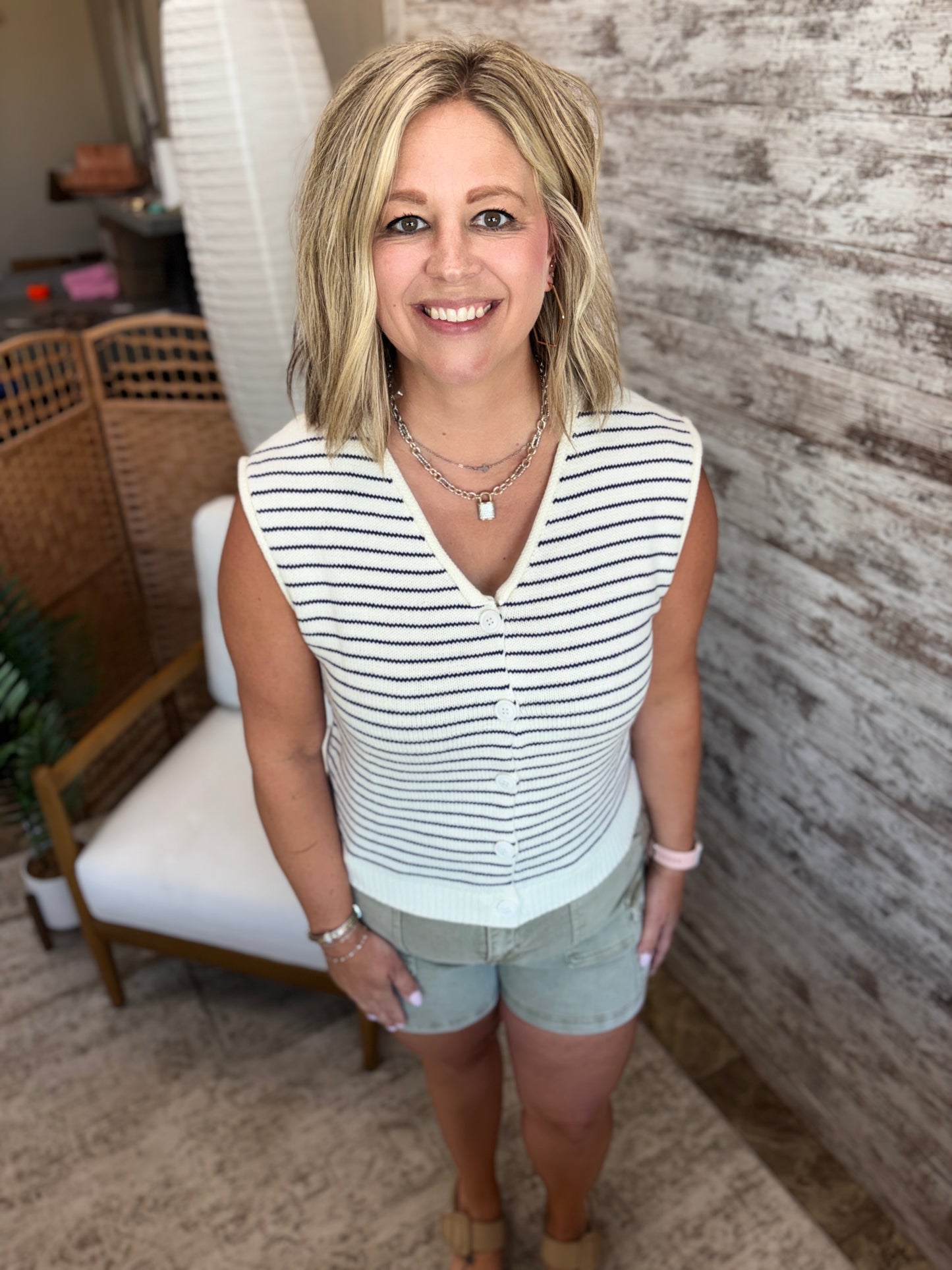 Ivory/Navy Striped Sleeveless Cardigan